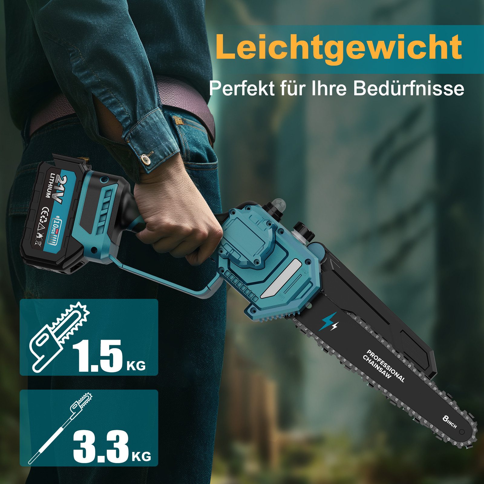 Rinoxar Akku-Kettensäge 2-in-1 8" Teleskop-Kettensäge 1200W bürstenlos, 2xAkku, 4m Reichweite, 20 cm Schwertlänge, 2×4000mAh Akkus, Elektrisch Mini Chainsaw für Gartenscheren Holzschneidenz DIY
