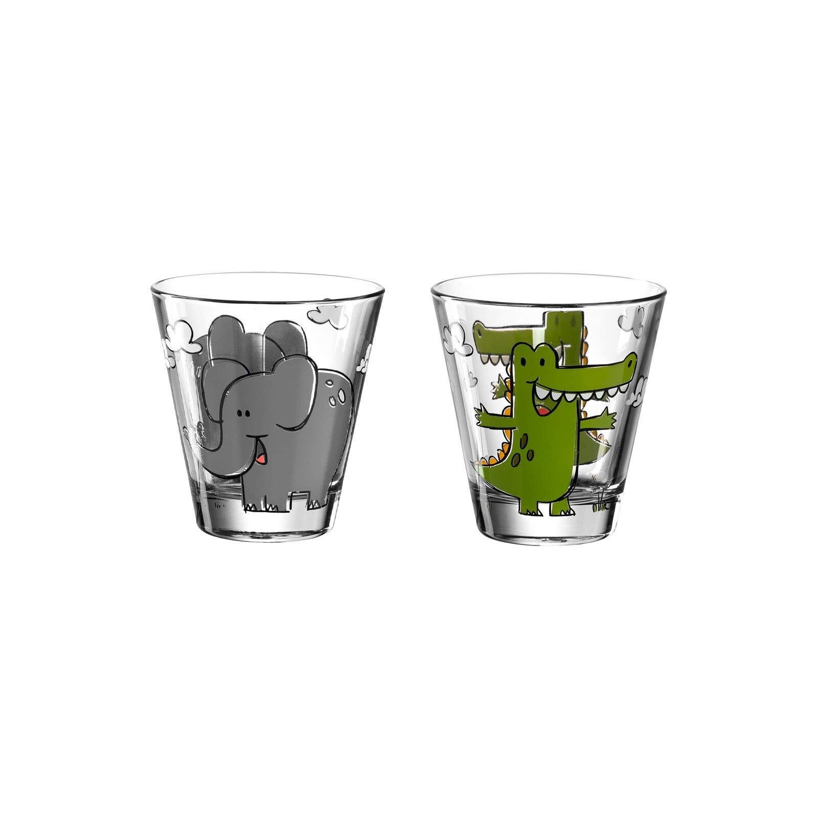 LEONARDO Kinderbecher Bambini Kinderbecher 215 ml 2er Set, Glas Elefant & Krokodil