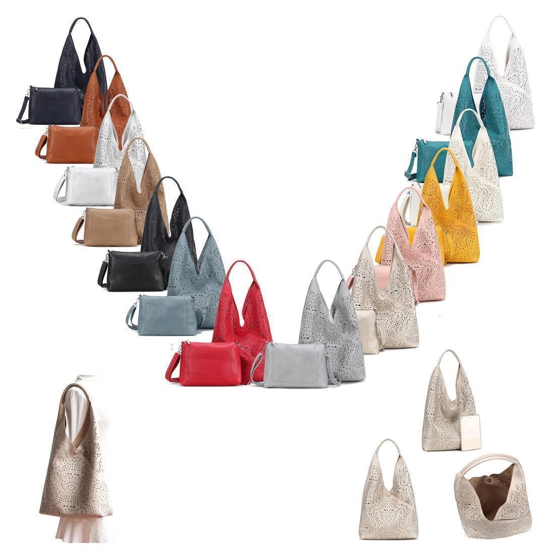 ITALYSHOP24 Schultertasche DAMEN XXL SHOPPER Set HOBO Cross Over Body Bag Umhängetasche Beutel (Spar-Set: Henkel Tasche mit CrossOver, Workbag Schule Tote Weekender, 2-tlg., mit Henkel & Schultergurt), Schmucktasche Smartphone Freizeit Abend Urlaub Leder Optik leicht