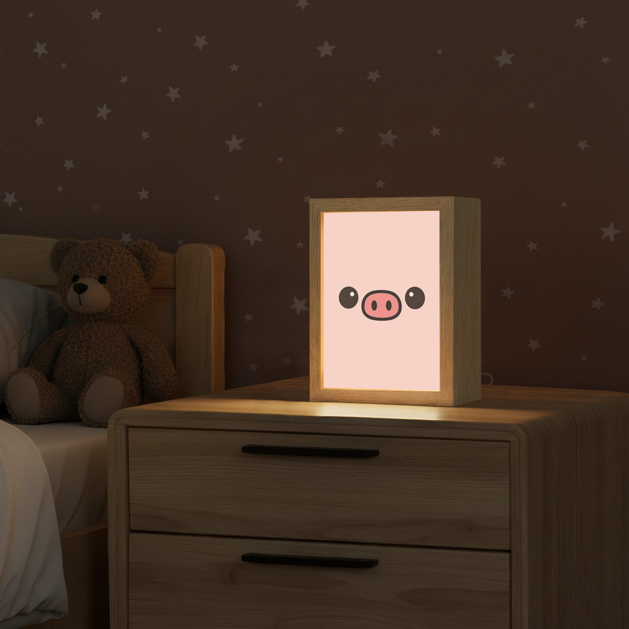 OnlyWow Nachttischlampe Lightbox Schwein - Rosa - Minimalistisch - Mädchen, Dimmbar, Farbwechsel, LED, Warmweiß, Kaltweiß, Neutralweiß Einstellbar, Kinderzimmer, Babyzimmer, Dimmbar, mit Kabel, Nachtlampe, LED