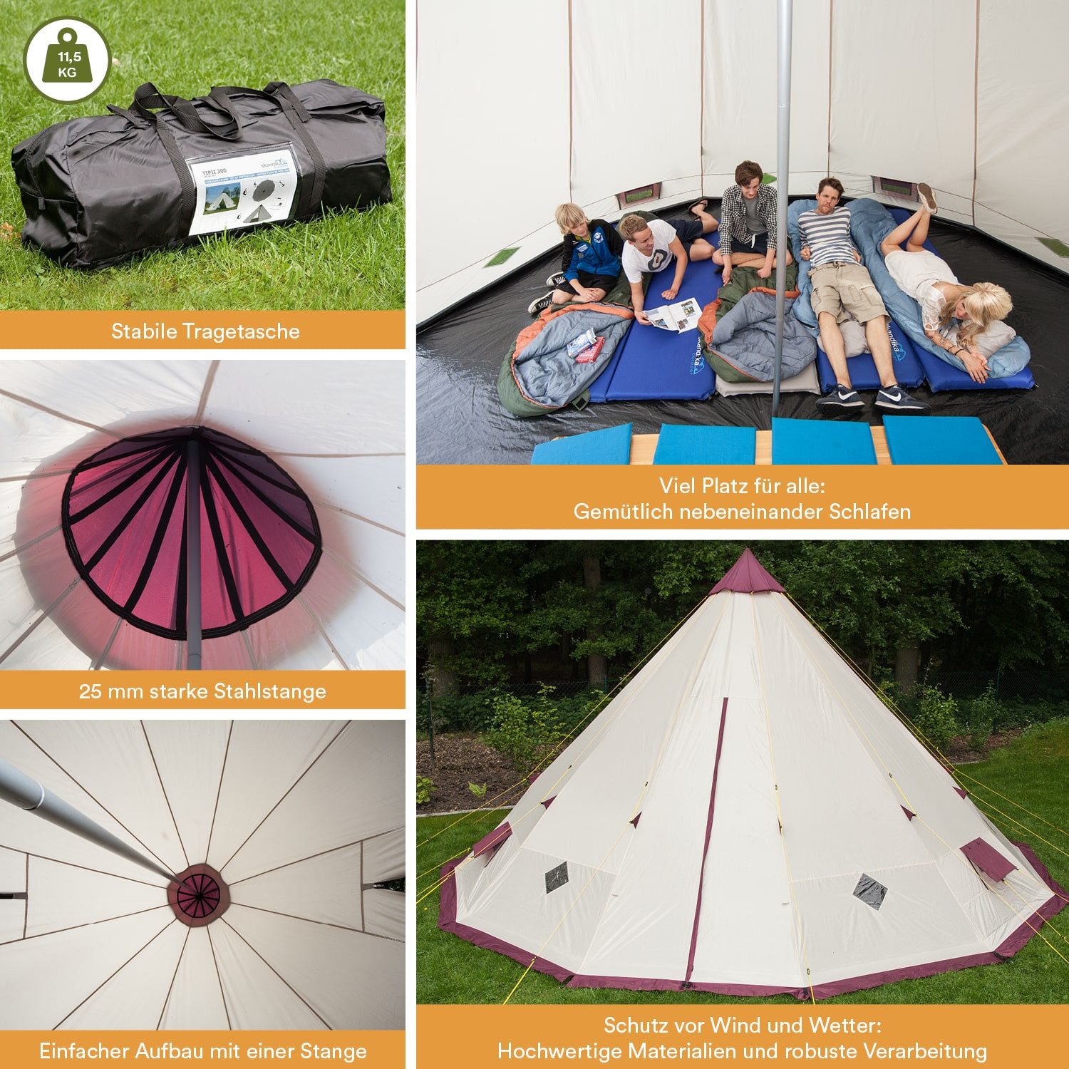 Skandika Tipi-Zelt Kota 550 Protect, Campingzelt mit eingenähtem Zeltboden, Outdoor, Personen: 5, 3m Stehhöhe, Insektenschutz, wasserdicht 3000mm, Gruppenzelt, Glamping