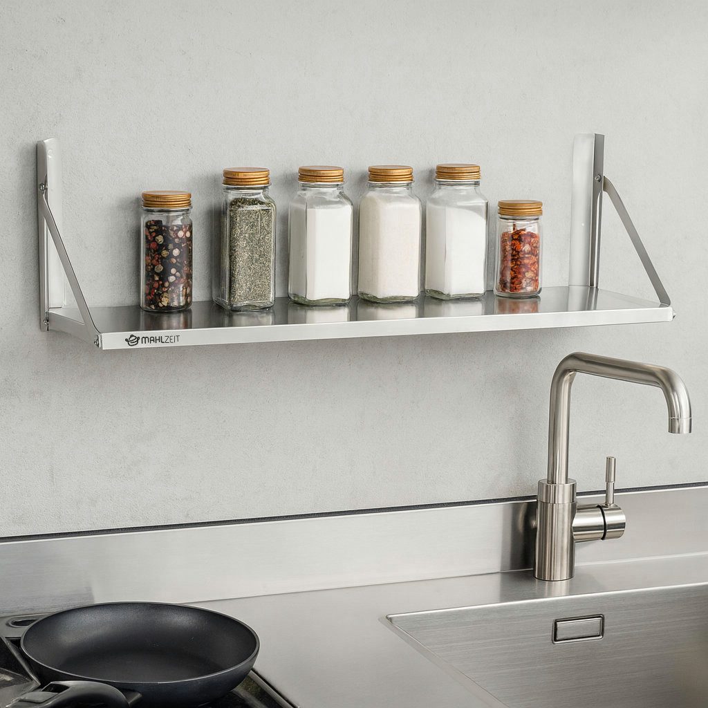 Mahlzeit Küchenregal Edelstahl Wandregal, 150 x 30 cm, Silber, Klappbares Regal, Wandboard – Bild 2 von 5
