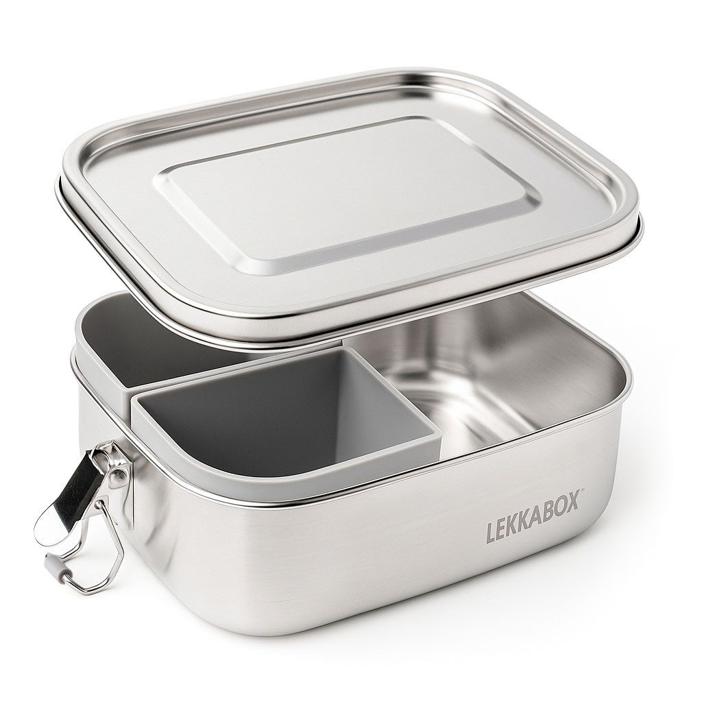 LEKKABOX Lunchbox Edelstahl Brotdose Safe 800 ml – 3 Fächer auslaufsicher für Kinder, Flexible Fächer mit Silikon-Einsätzen (Bento-Prinzip)