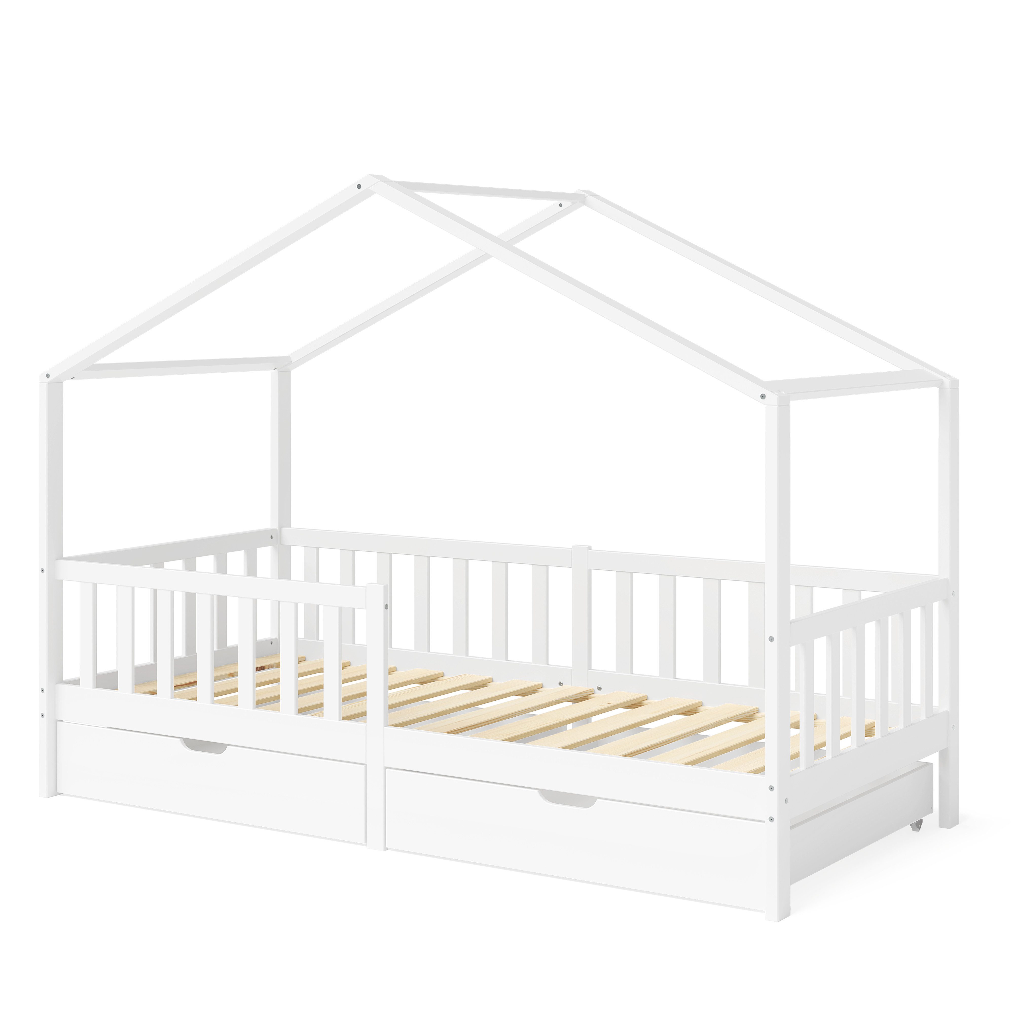 Bellabino Hausbett Bia (weiß, 90x200 cm, Bodenbett mit 2 Schubladen, Rolllattenrost und Rausfallschutz), bodentiefes Kinderbett in verschiedenen Ausführungen