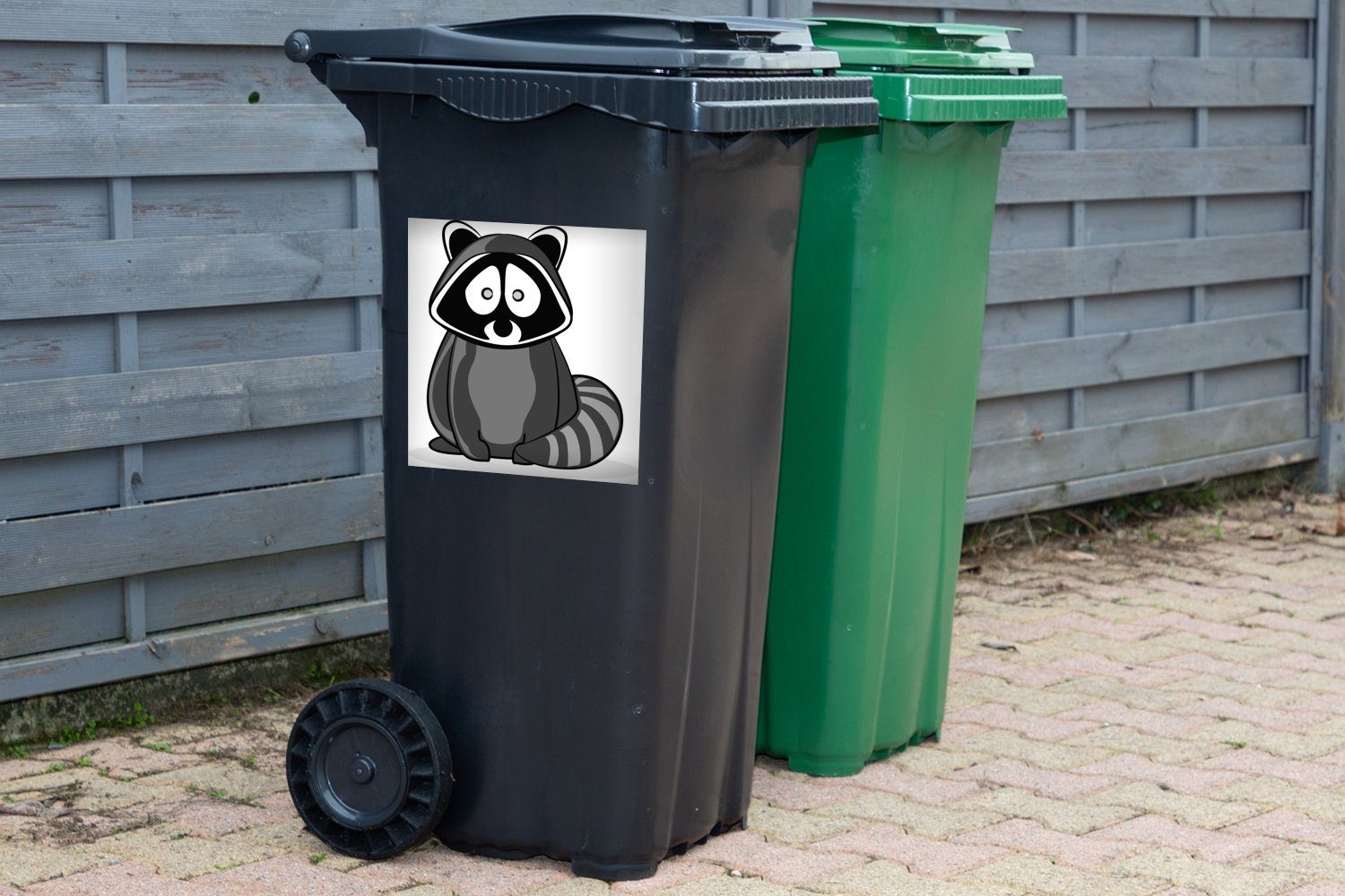 Illustration - eines und weiß Waschbären Mülltonne, schwarz Container, Sticker, St), MuchoWow (1 Cartoon Mülleimer-aufkleber, Abfalbehälter Wandsticker