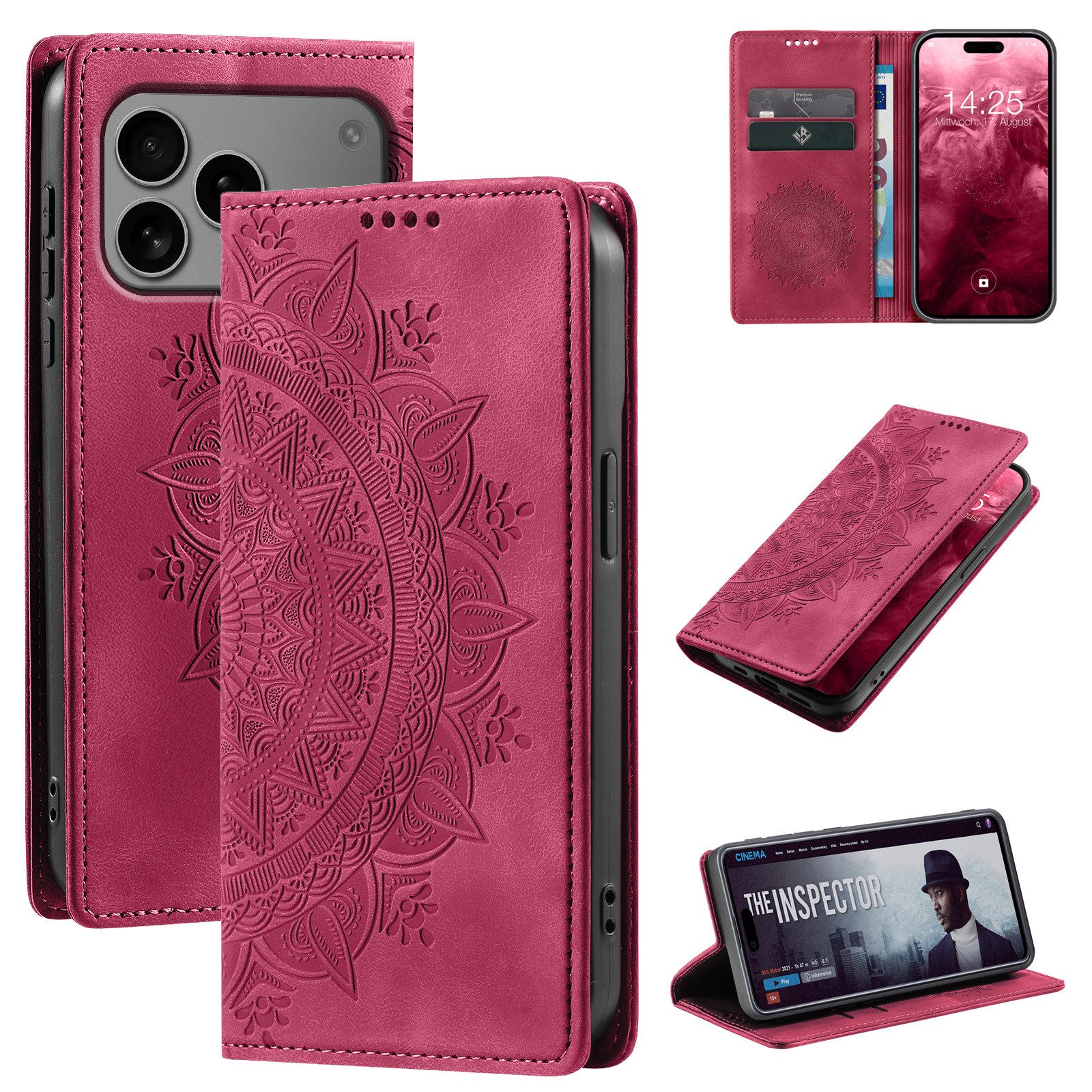 Tec-Expert Handyhülle Mandala Hülle Cover für Apple iPhone 17 Pro Max, Klapphülle Case Tasche mit Kartenfächern und RFID Schutz