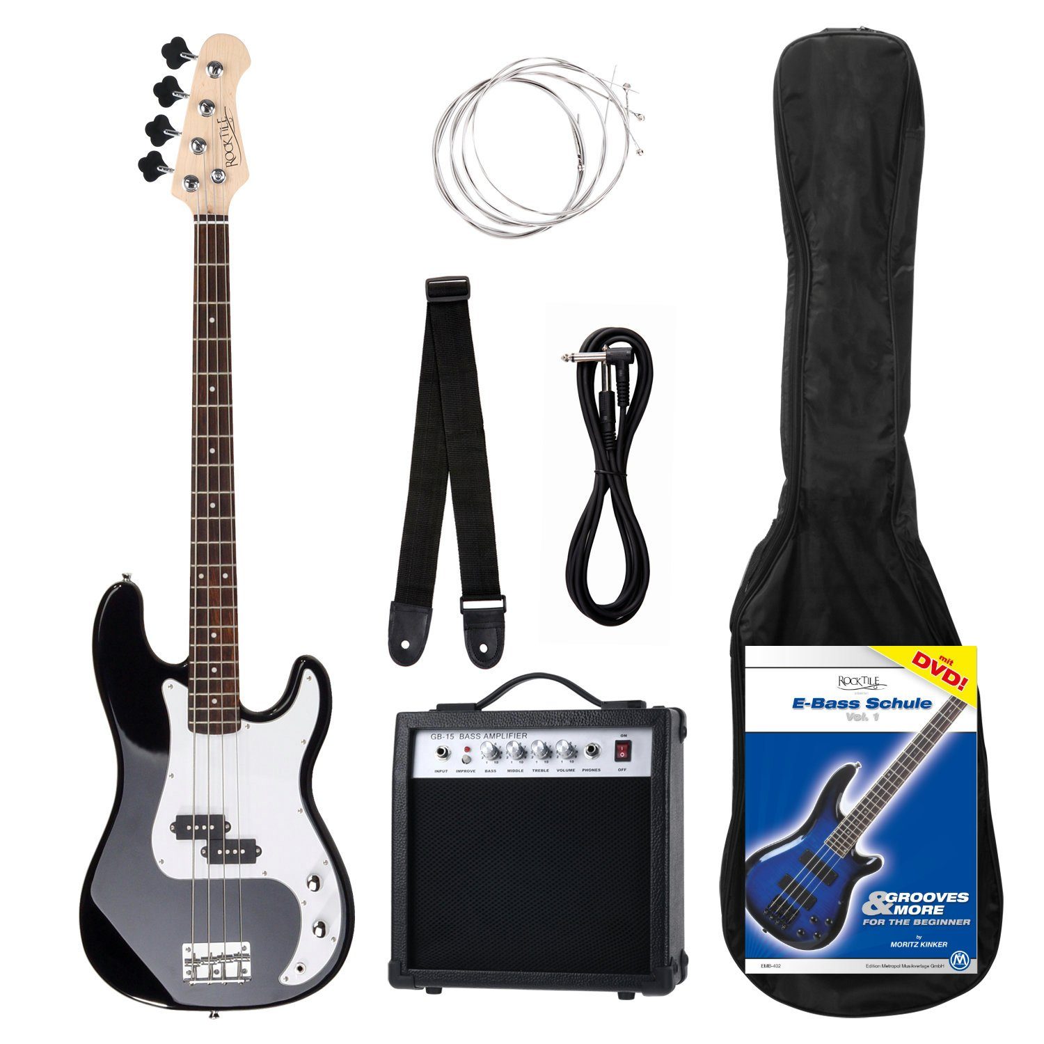 Rocktile E-Bass Groover's Pack Elektrobass, P-Style, Komplettset, inkl. Verstärker, Tasche, Kabel, Gurt, Ersatzsaiten und Schule, Precision-Style - 1 Split-Coil Tonabnehmer