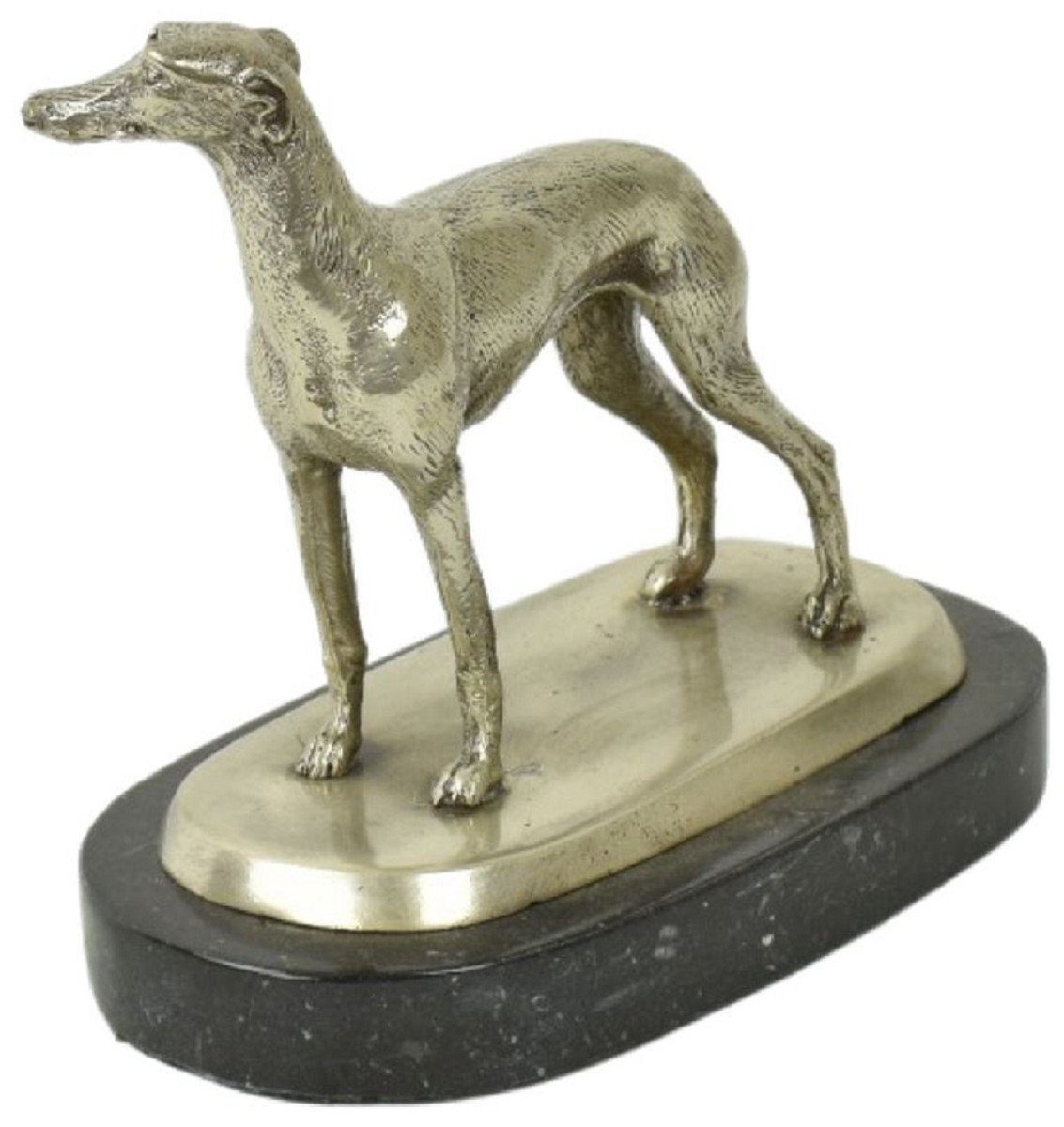 Casa Padrino Dekofigur Luxus Deko Bronzefigur Windhund Silber / Schwarz 22 x 13 x H. 19 cm - Bronze Skulptur mit Marmorsockel - Dekofigur - Deko Accessoires