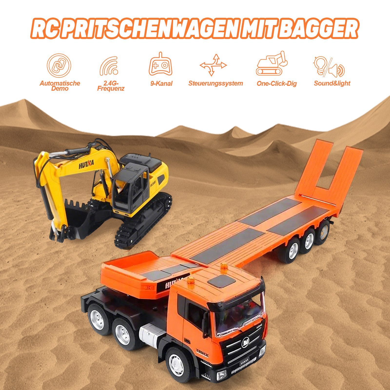 Esun RC Truck and RC Excavator Toy, 2.4GHz Remote Controlled Flatbed Truck (SET, Complete Set), 1:18 Remote Controlled Excavator with Sound and Lights