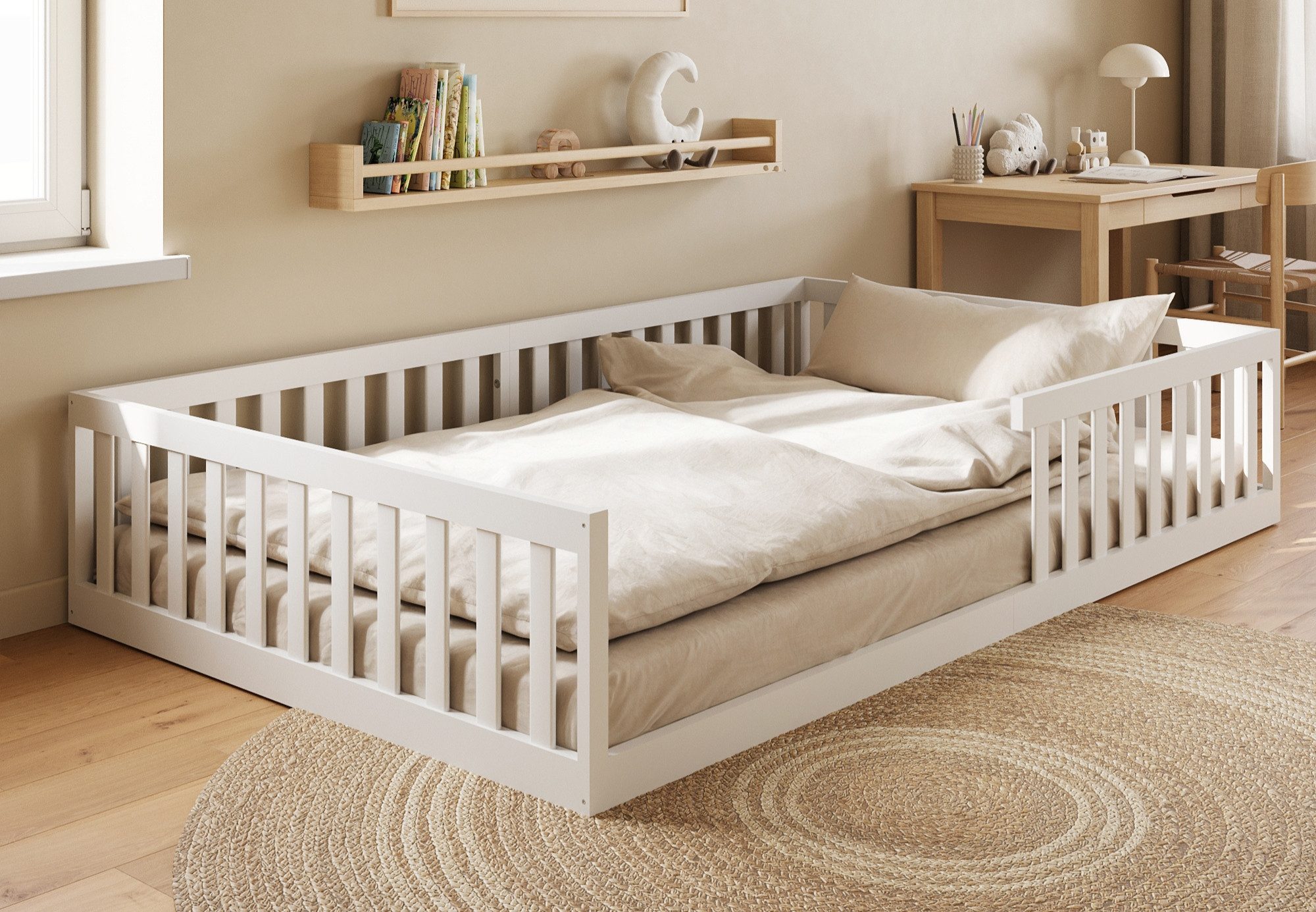 Kids Collective Kinderbett Bodenbett Bett mit Rausfallschutz & Lattenrost Montessori Bett Kinder (90x200, 120x200 und 140x200), Jugendbett Einzelbett Kiefer-Vollholz Weiß 120x200