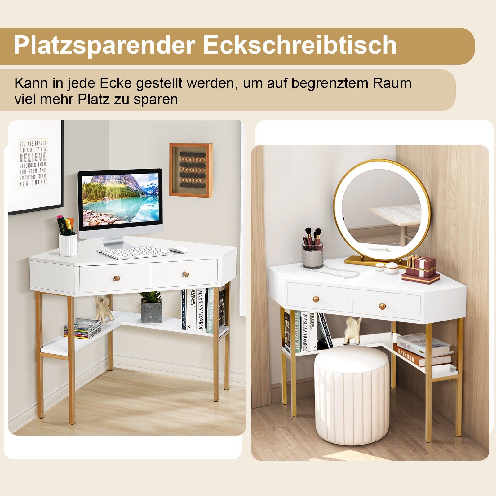 COSTWAY Eckschreibtisch, mit 2 Schubladen & Ablage, weiß, Holz 70,5x70,5x75 günstig online kaufen