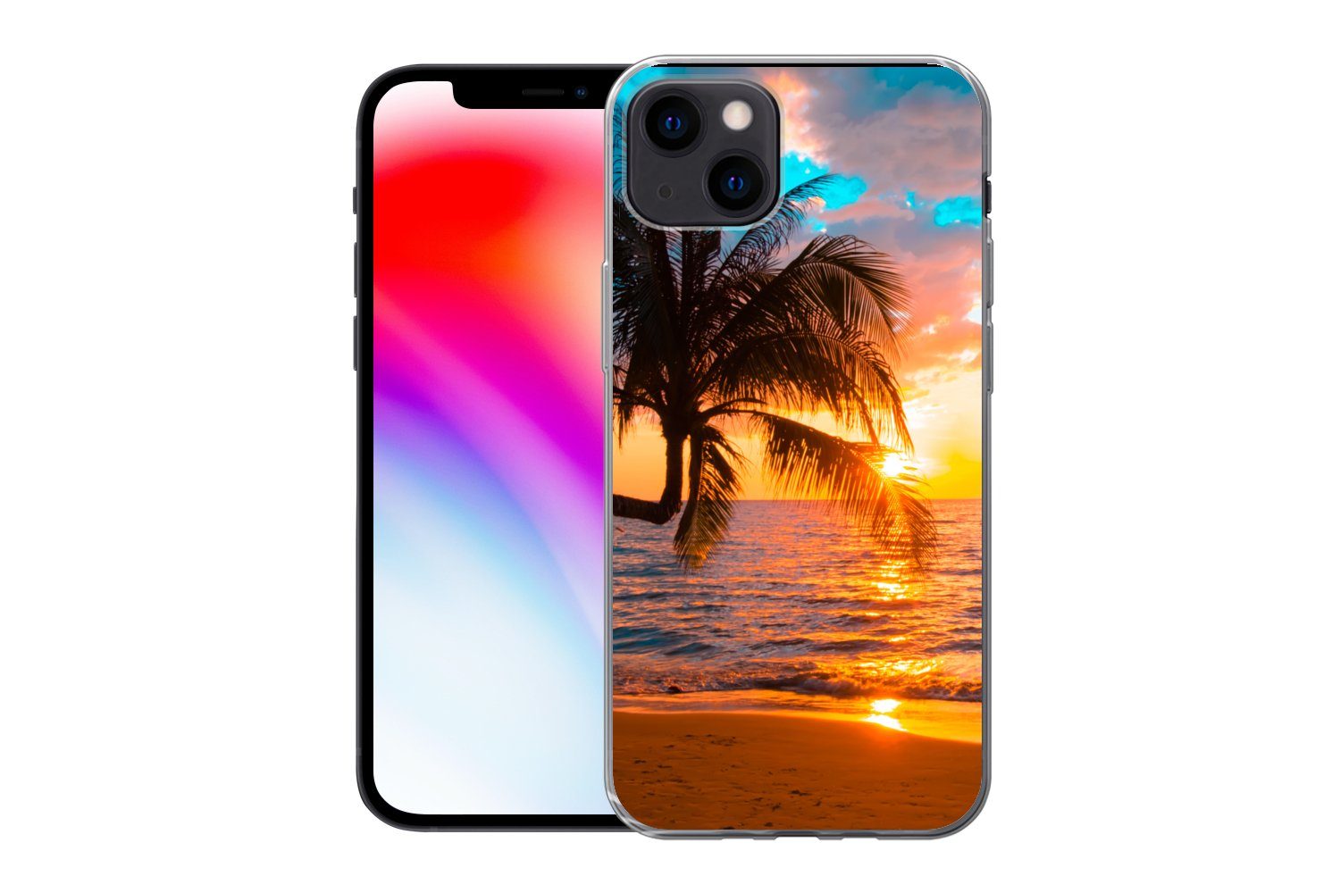 MuchoWow Handyhülle für Apple iPhone 13 Palme - Sonnenuntergang - Horizont - Strand - Meer, Smartphone-Bumper, Print, Handy Schutzhülle Dünn