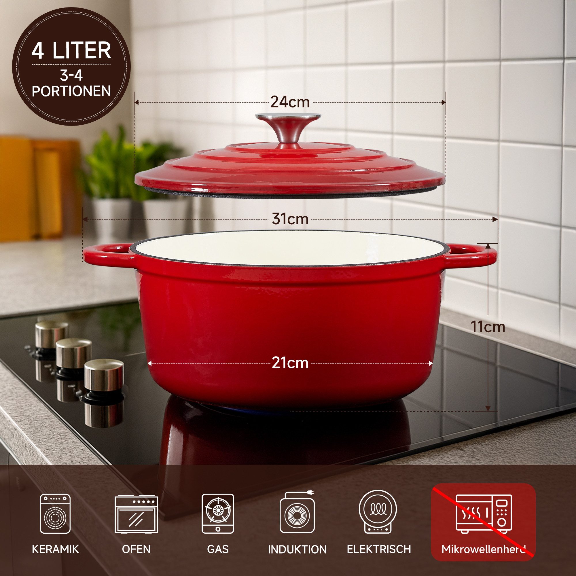 Zedelmaier Bräter Gusseisen Topf 22/24/26cm Incl. Silikon Topflappen Topfuntersetzer, (Set, 1 Pot mit 1 lid, 2 Ofenhandschuhe, 1 Topfuntersetzer), Backofengeeignet Induktionsgeeignet Zum Braten, Schmoren, Kochen