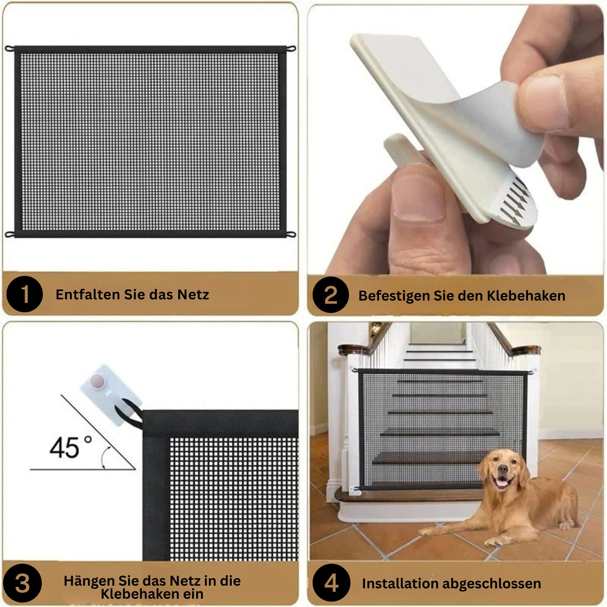 FLOCKI Pets™ Hundegitter Hundegitter mit Klebehaken, flexibles Treppenschutzgitter, Mit praktischen Klebehaken für eine schnelle Installation