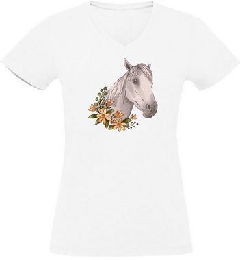 MyDesign24 T-Shirt Damen Pferde Print Shirt - Weißes Pferd mit Blumenkranz V-Ausschnitt Baumwollshirt mit Aufdruck Slim Fit, i178