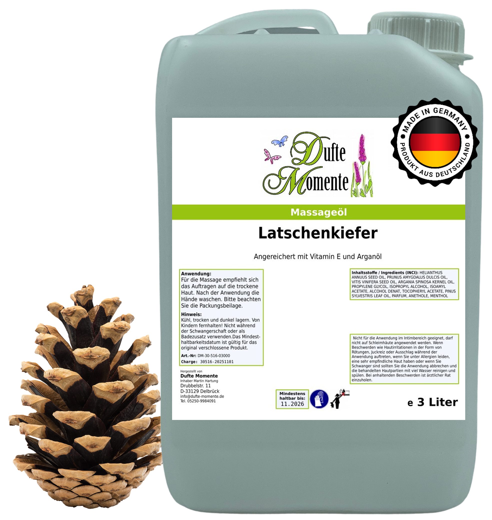 Dufte Momente Massageöl Latschenkiefer 250ml - 3 L, hochwertige Pflanzenöle als Basis, vegan und ohne Tierversuche