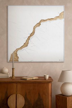 YS-Art Gemälde Die Flut, Struktur Leinwand Bild Handgemalt Abstrakt mit Rahmen in Weiß Gold