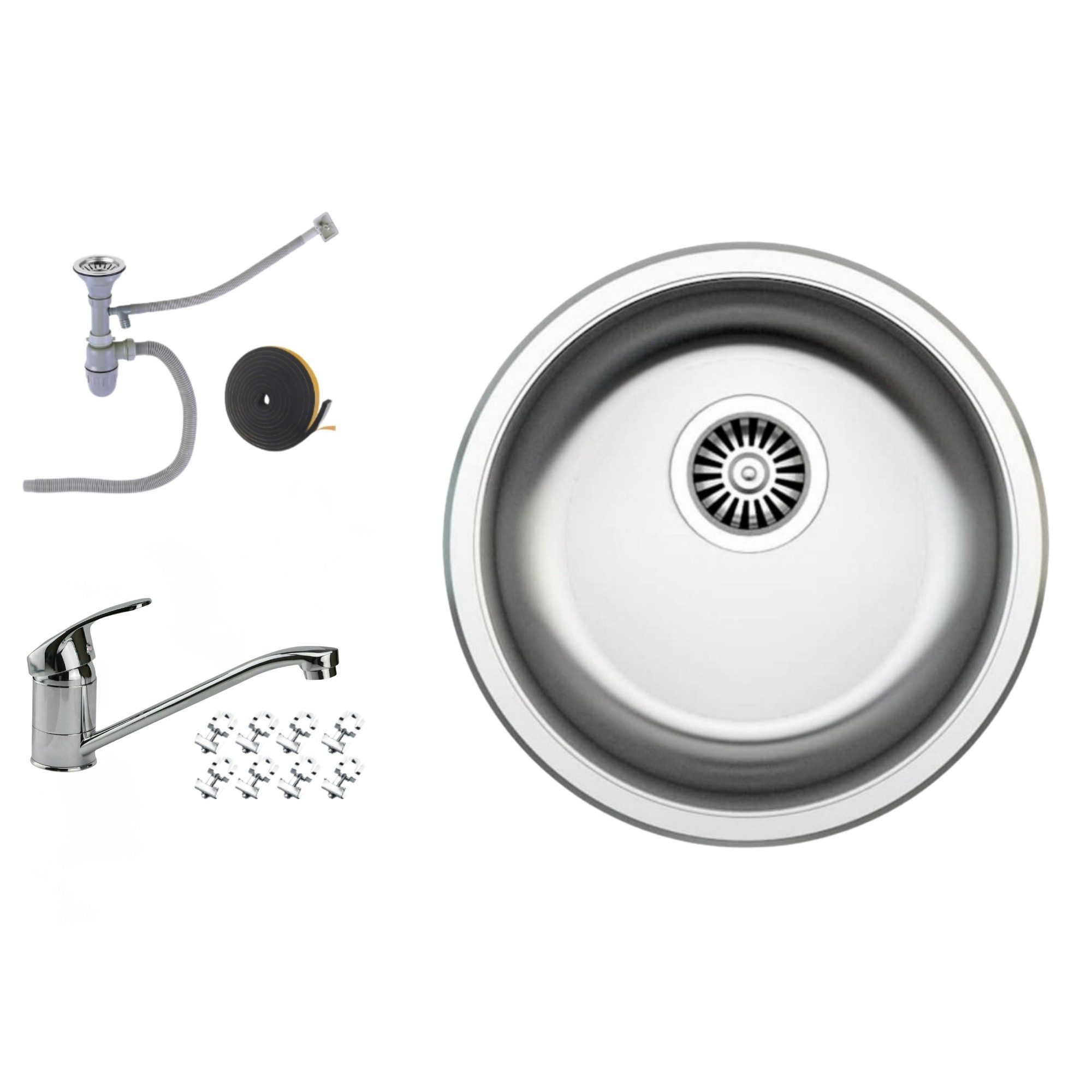 Faizee Möbel Edelstahlspüle Design Edelstahl-Einbauspüle Rundspüle 42 cm Ø inklusive Zubehör-Set, rund mit Armatur klein Chrom