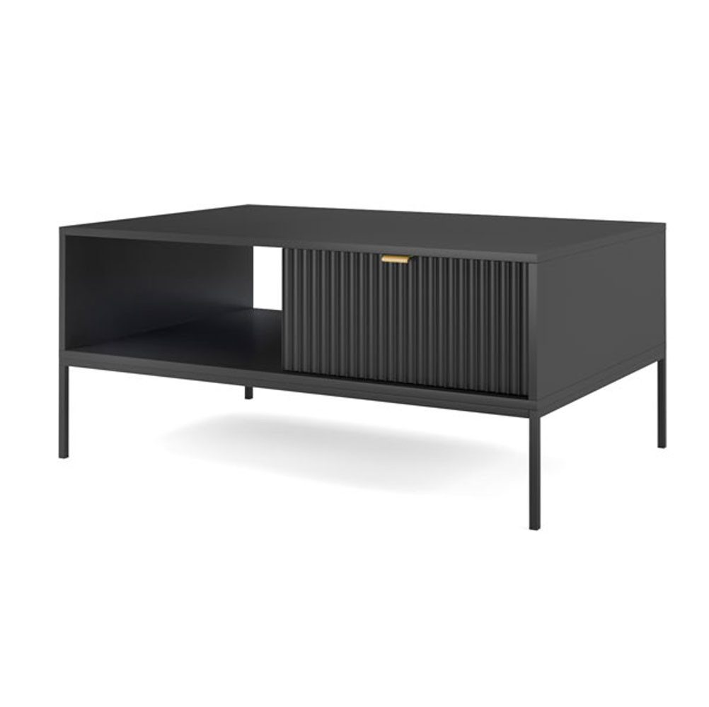 Feldmann-Wohnen Couchtisch Nova (1 offenes Fach, 2 Schubladen, klare Kanten, geradliniges Design, 1-St., Riffel-Optik Front, goldfarbene Metallgriffe, ABS-Kanten), 104x68x46cm, Fronten mit ausdrucksstarkem geriffelten Muster
