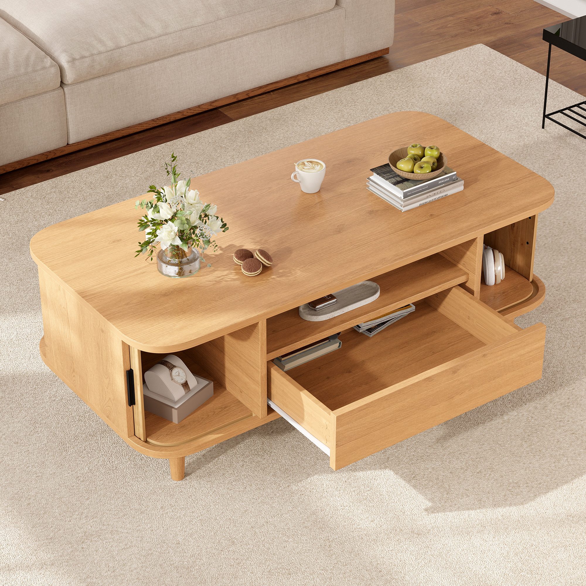 KLAM HOME Couchtisch Skandinavischer Couchtisch mit Rollläden & Stauraum, 100 × 50 cm (Wohnzimmertisch mit Schublade und Holzbeinen, japanisch-minimalistisch), Kaffeetisch in Walnuss / Naturholz mit offenem Stauraum aus MDF