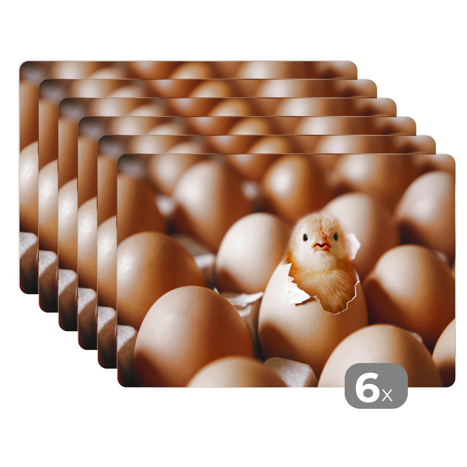 Platzset, Ein frisch geschlüpftes Küken zwischen mehreren Eiern, MuchoWow, (6-St), Platzset, Platzdecken, Platzmatte, Tischmatten, Schmutzabweisend