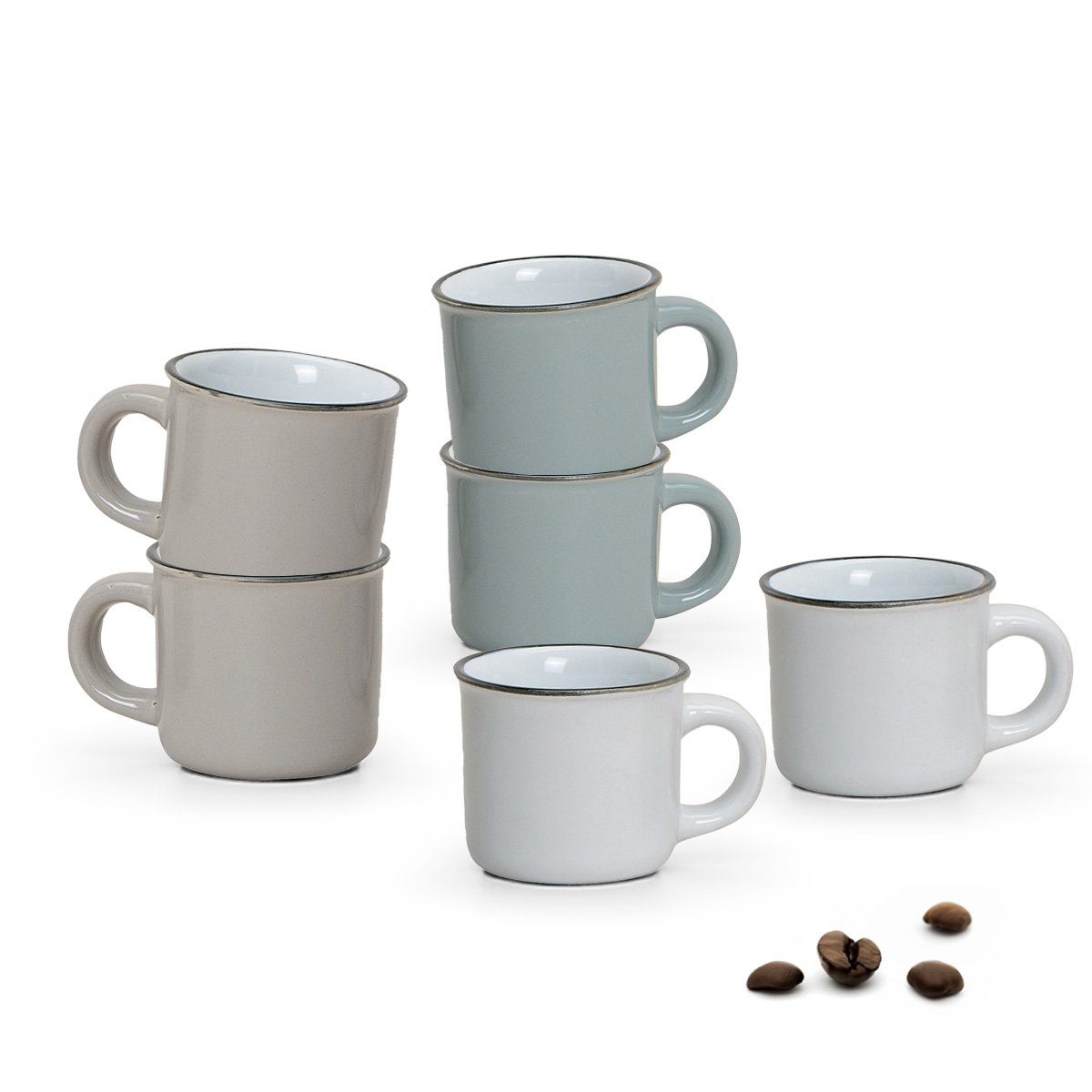 matches21 HOME & HOBBY Tasse Moderne Keramik Espresso-Tassen 6er Set weiß beige grau 50 ml, 6-tlg., Keramik, Kleine dickwandige Vintage Henkel Kaffee-Tassen ohne Untertassen