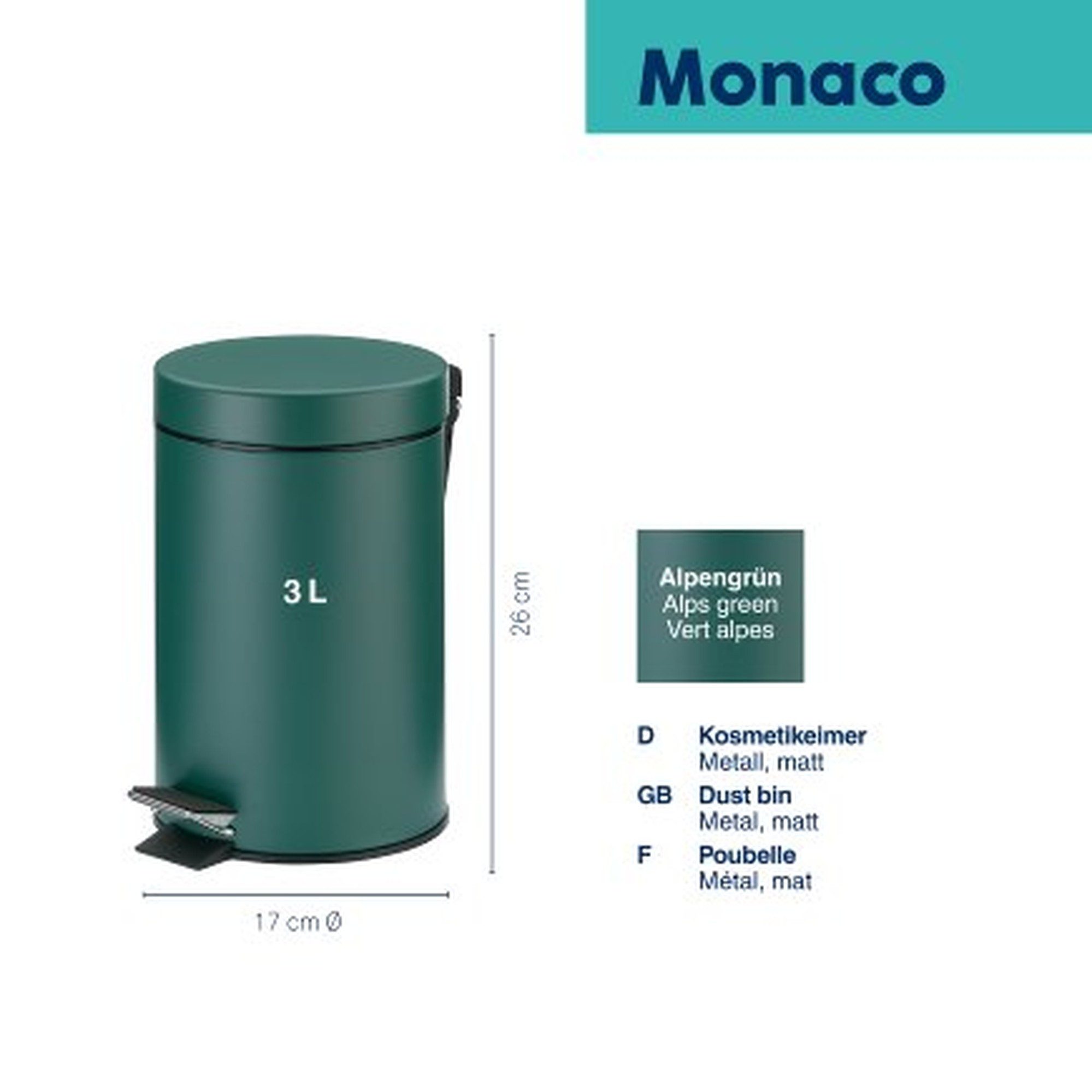 kela Kosmetikeimer Kosmetikeimer Monaco 3 Liter Metall matt alpengrün Tretmülleimer