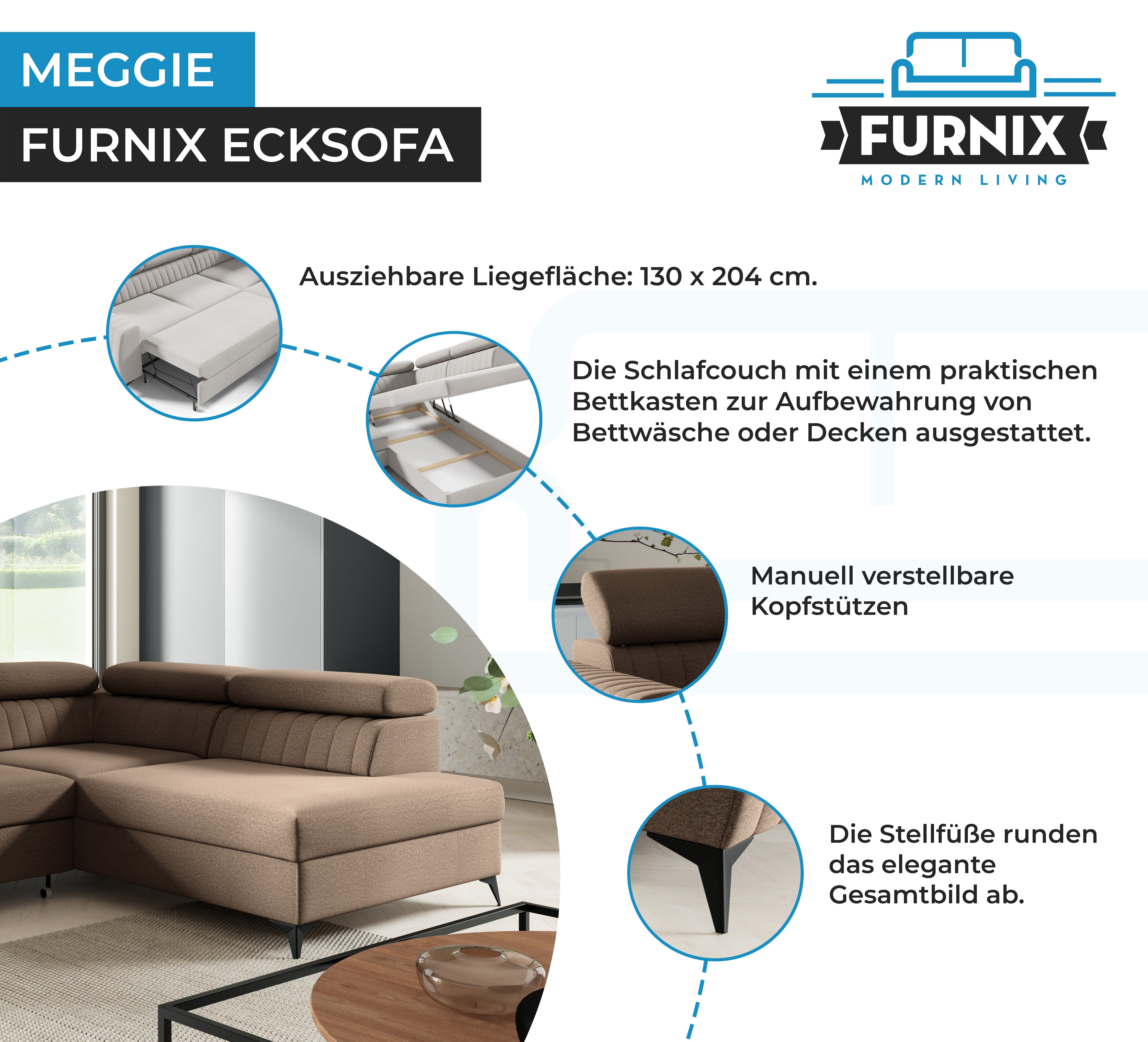 Furnix Sofa Ecksofa mit 130 cm EL05 T200 x Liegefläche: Polstercouch H95 204 B270 cm, x MEGGIE x Maße: Braun Auswahl, Bettkasten Schlaffunktion