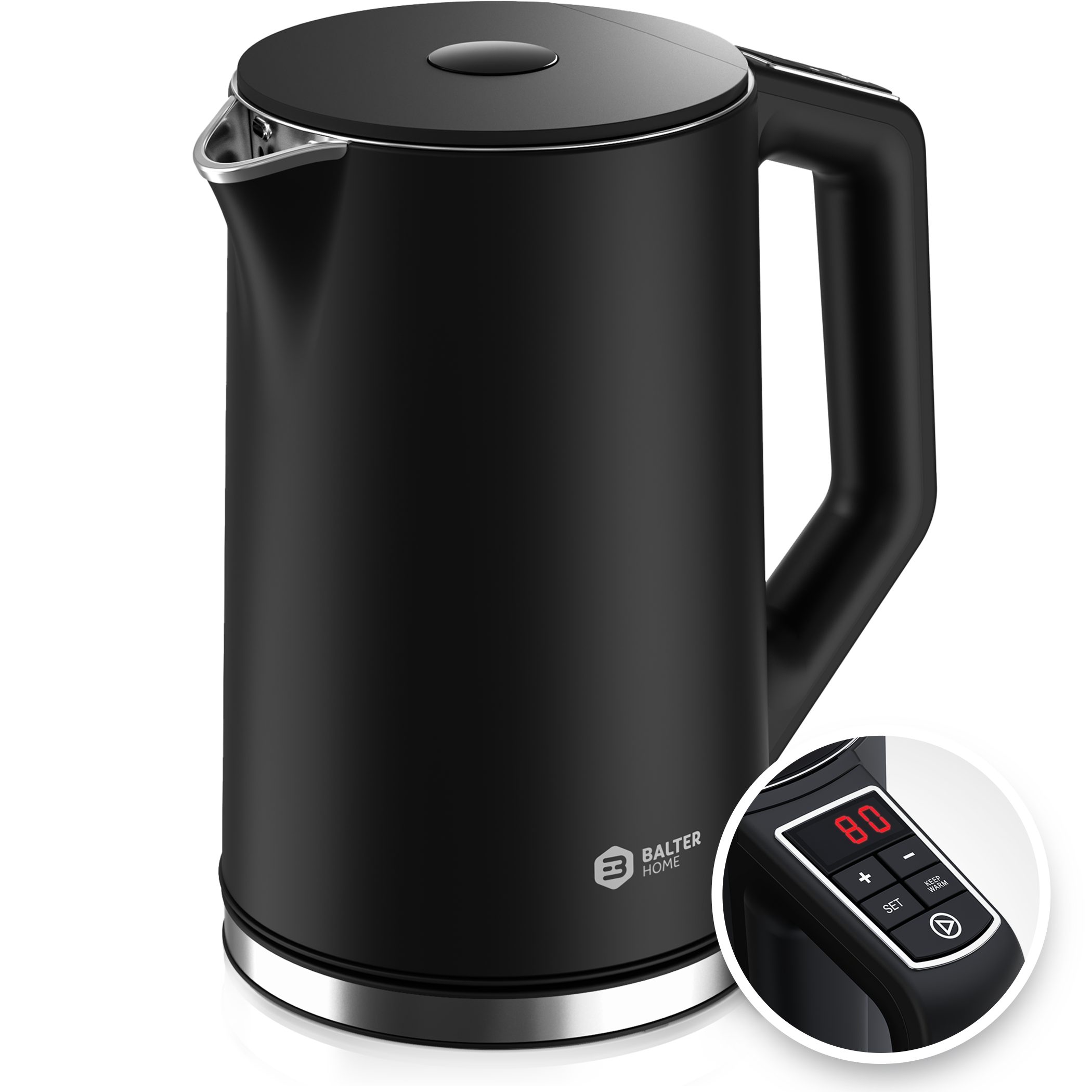 Balter Wasserkocher WK-12-BL, 1.5 l, 2200 W, Edelstahl Wasserkocher, Temperatureinstellung, 40-100°C, Doppelwand