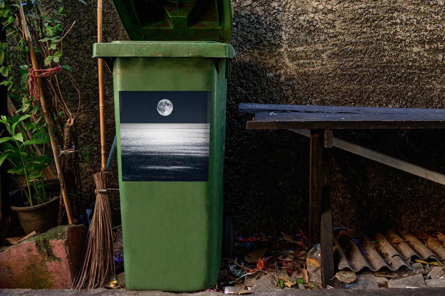 Meer Mülleimer-aufkleber, - Sticker, Mond Mülltonne, MuchoWow Container, Wasser - (1 Wandsticker Abfalbehälter St),