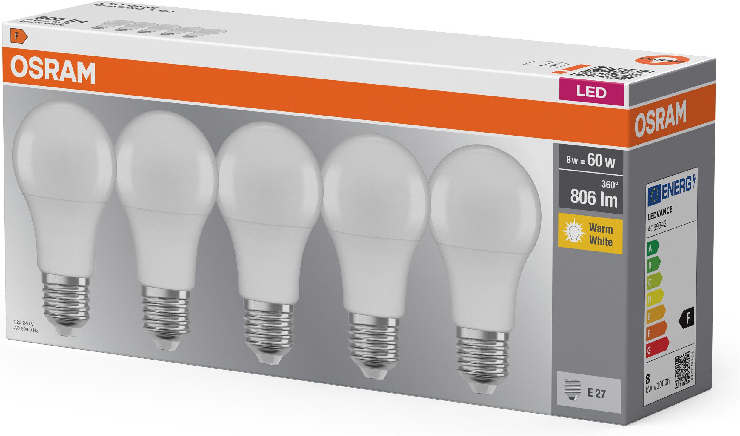 Osram LED-Leuchtmittel LED-Lampe Classic, E27, 5 St., Warmweiß