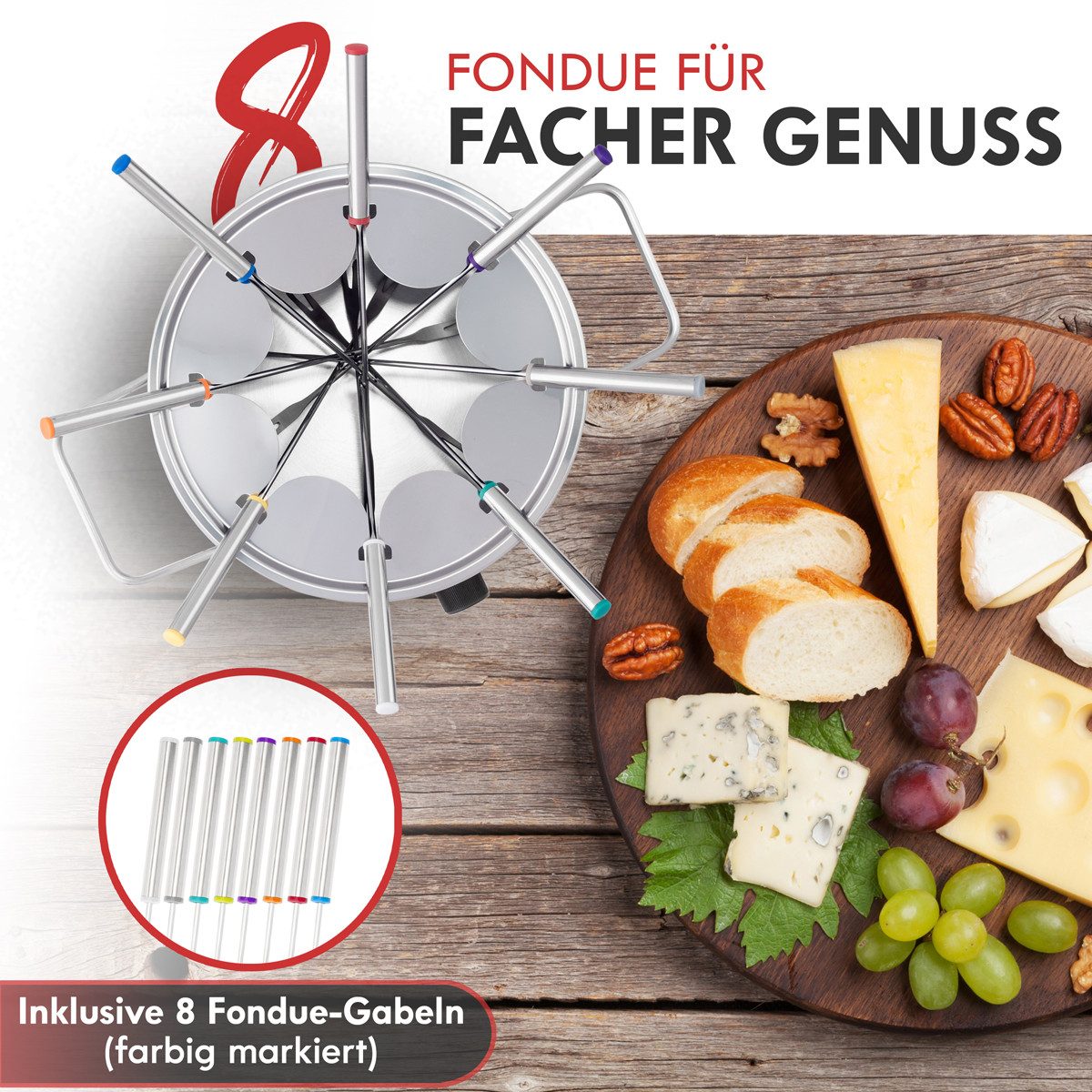 CLATRONIC Elektro-Fondue FD 3783, Fondue-Set elektrisch, Edelstahl Fonduetopf
