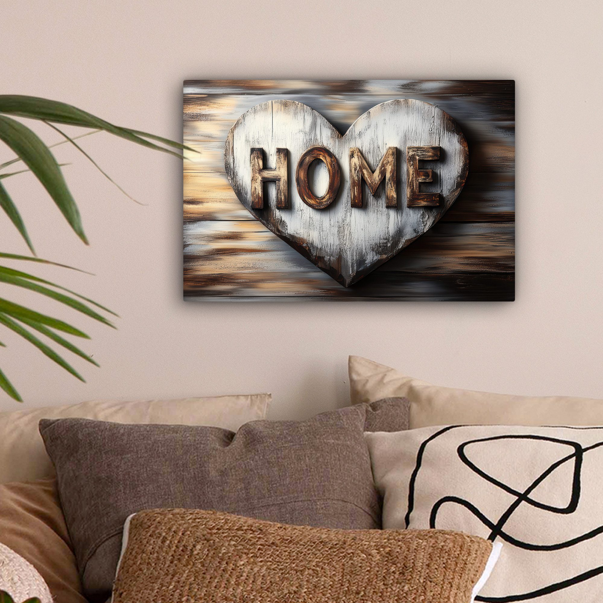OneMillionCanvasses® Leinwandbild Zuhause - Herz - Holzoptik - Liebe, Fotod günstig online kaufen