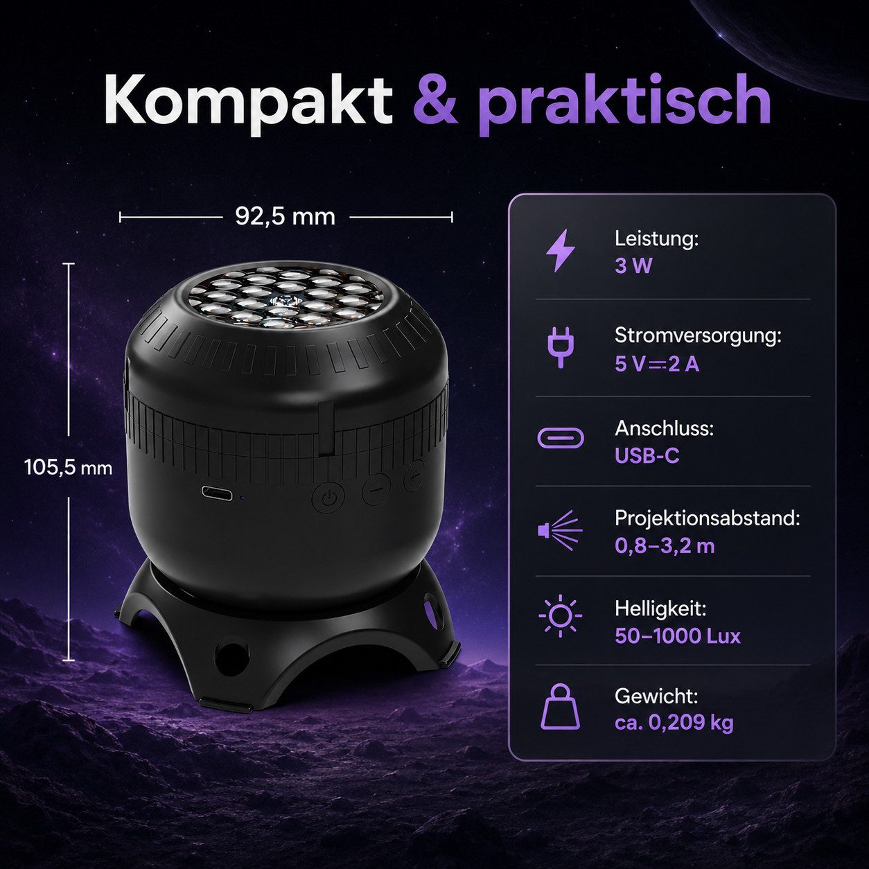 Vornix Projektionslampe Projektionslampe mit 8 Wechselmotiven, Nachtlicht Projektor für Kinderzimmer, drehbare Projektion, USB-C, 0,8–3,2 m Projektionsabstand – Bild 5 von 5