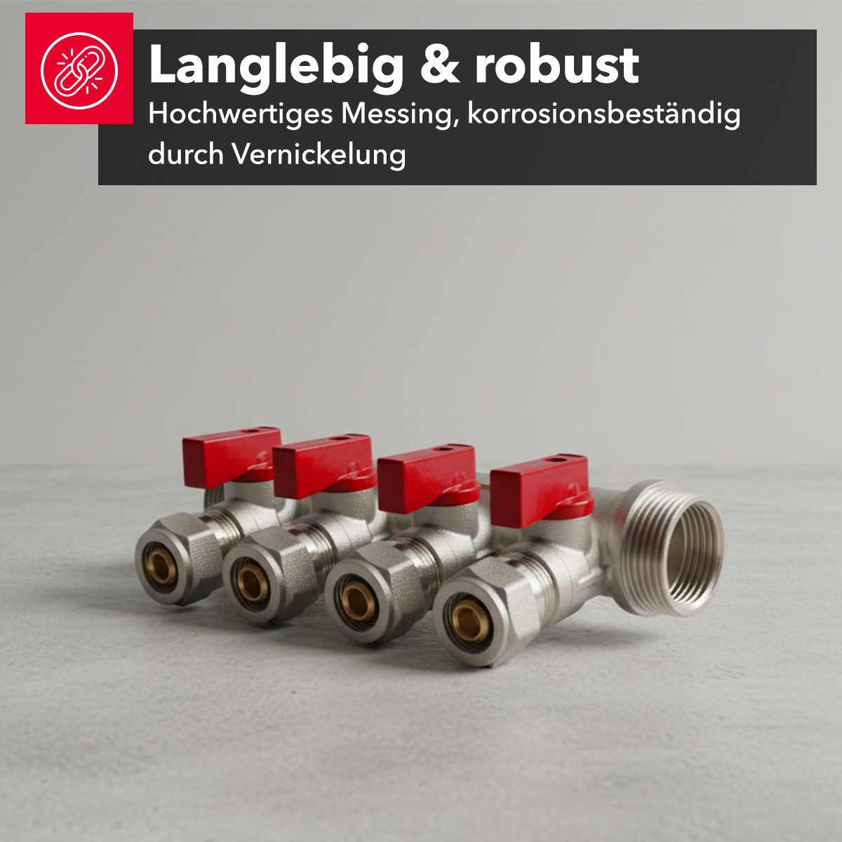 Belrad Gewindefitting Heizkreisverteiler für Heizungen BLR414, 4 Abgänge mit Kugelhahn, (einzel, 1-tlg), Eurokonus 1/2" 16 mm, 1" AG/IG, vernickeltes Messing, 35 mm Abstand