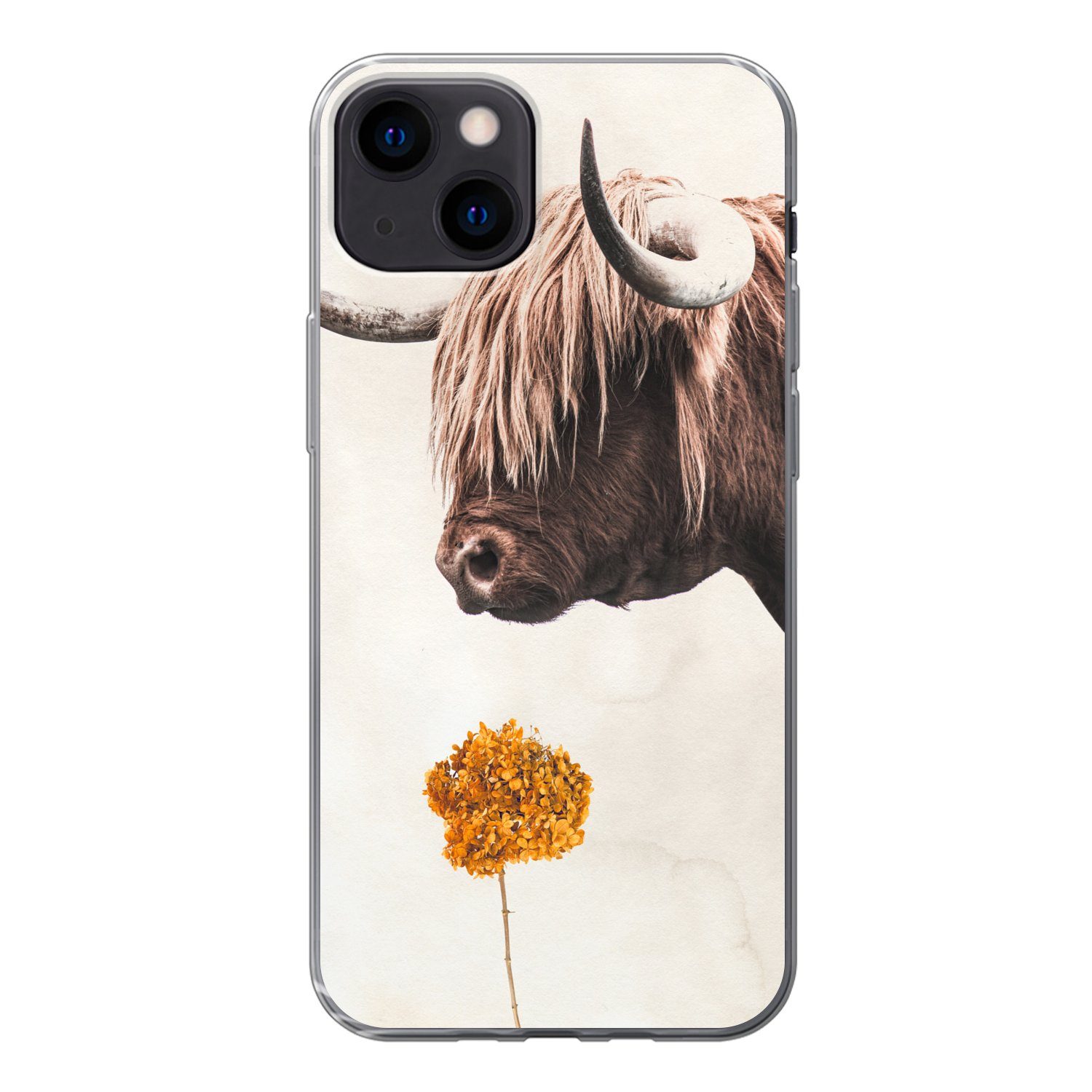 MuchoWow Handyhülle für Apple iPhone 13 Schottischer Highlander - Vintage - Blume, Smartphone-Bumper, Print, Handy Schutzhülle Dünn