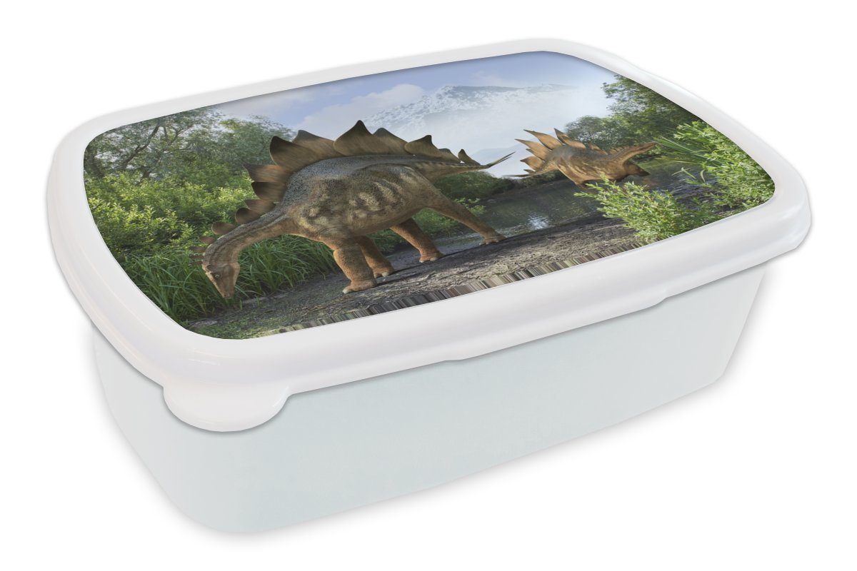 MuchoWow Lunchbox Dinosaurier - Berg - Wald - Illustration - Jungen - Kinder - Kleiner, Kunststoff, (2-tlg), Brotbox für Kinder und Erwachsene, Brotdose, für Jungs und Mädchen weiß