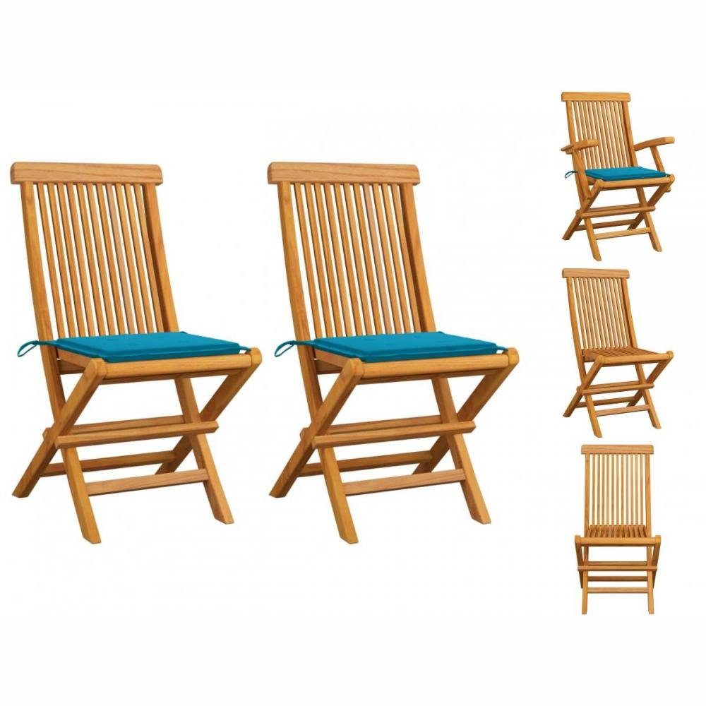 vidaXL Gartenstuhl Gartenstühle mit Blauen Kissen 2 Stk Massivholz Teak Holz