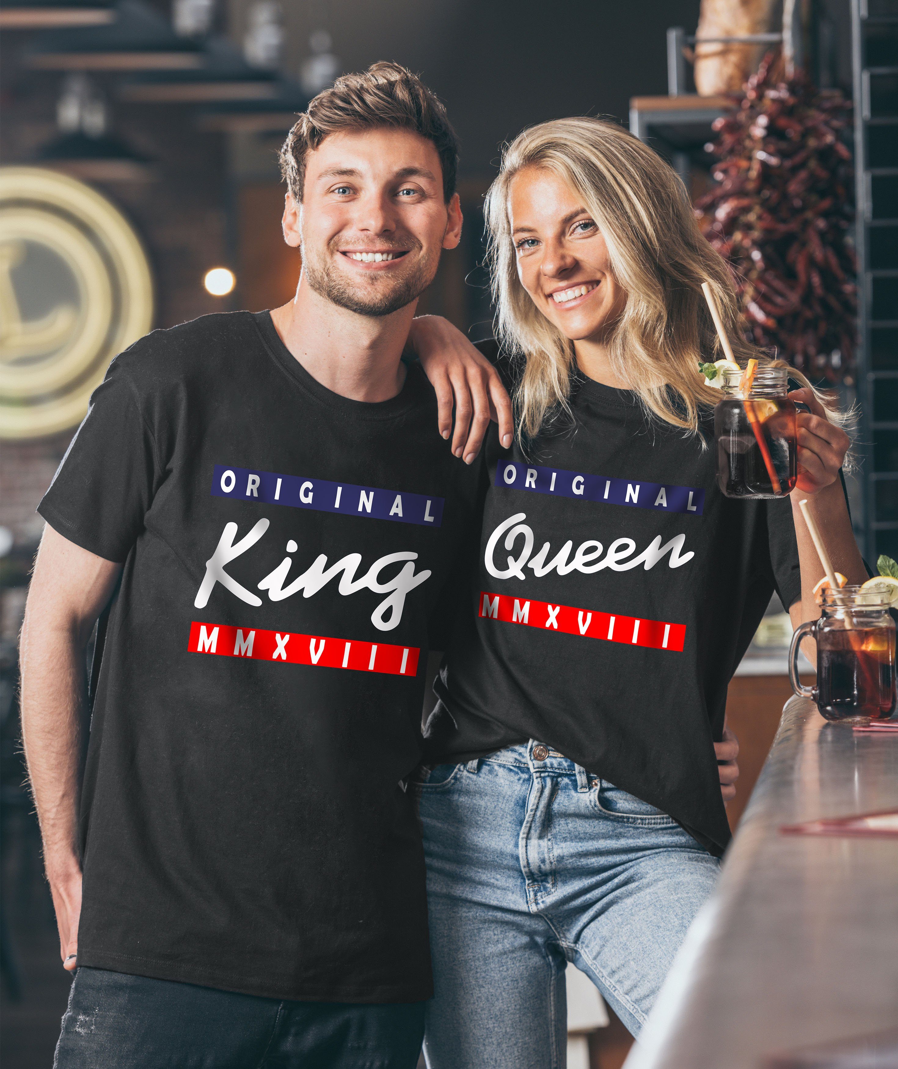 T-Shirt Print-Shirt mit Couples King Print, für / Paare modischem Schwarz Shop Partner QUEEN im Look Queen &