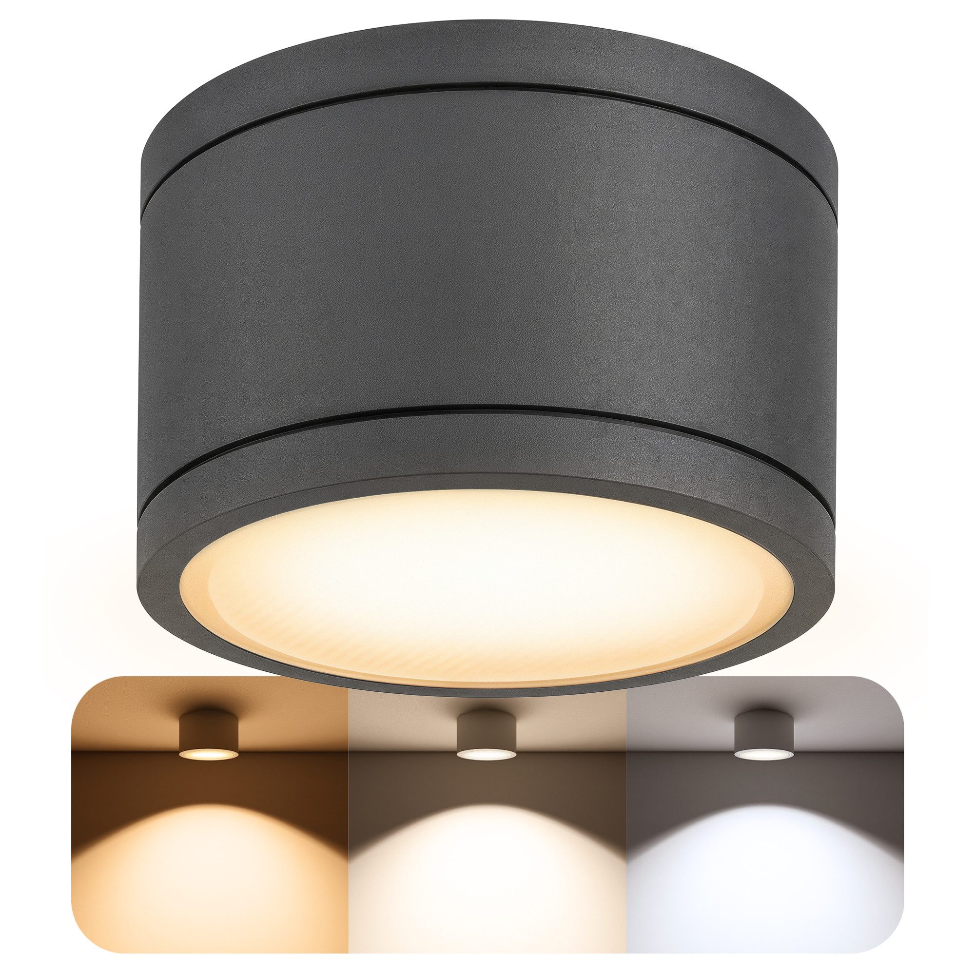 SSC-LUXon LED Außen-Deckenleuchte CELI-WX LED Aufbauspot anthrazit IP44 flach 3 Lichtfarben 230V, Neutralweiß, Warmweiß, Tageslichtweiß