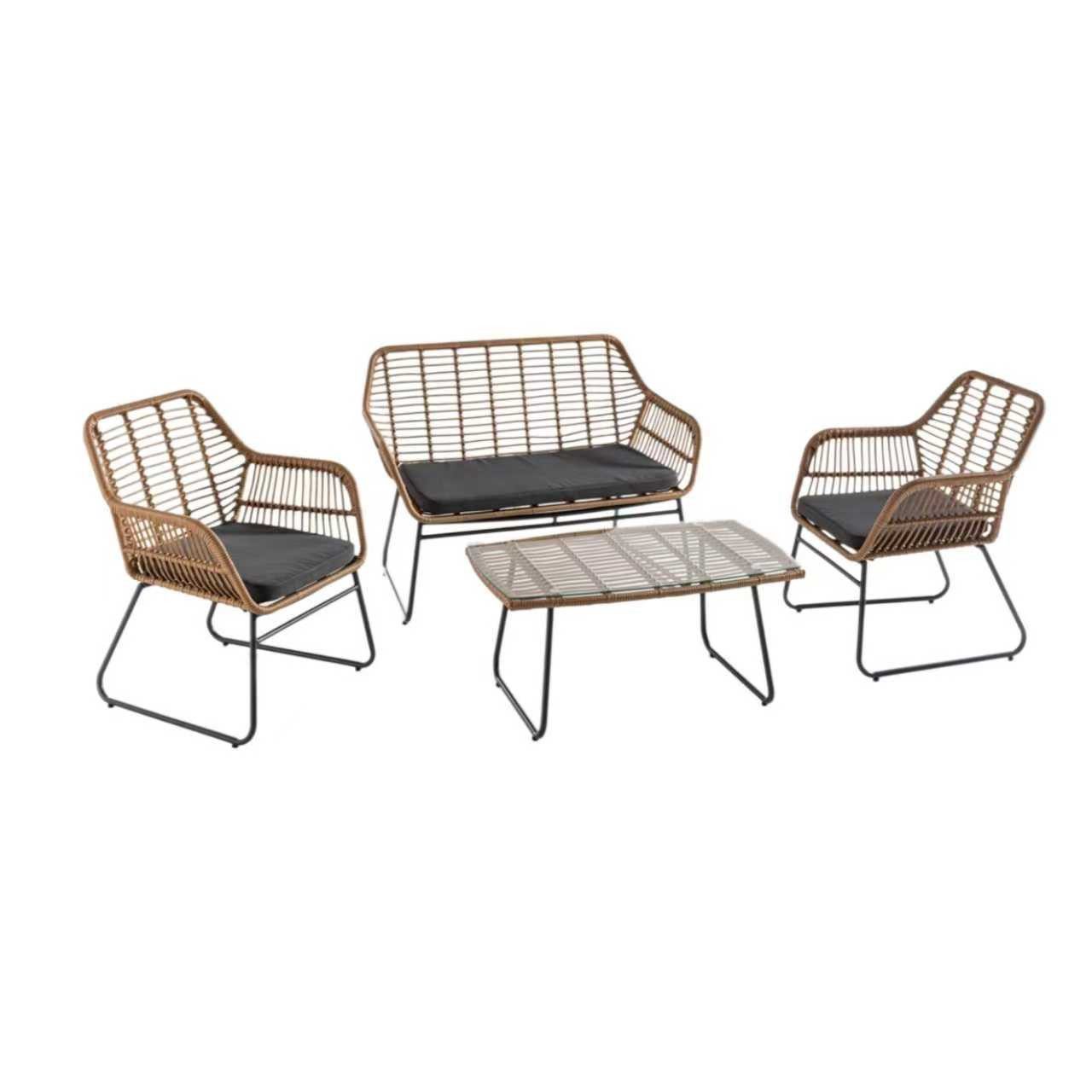 Happy Home Gartensofa Terrassenlounge Lounge-Set 7tlg.helles Rattan mit Sitzkissen - Grau