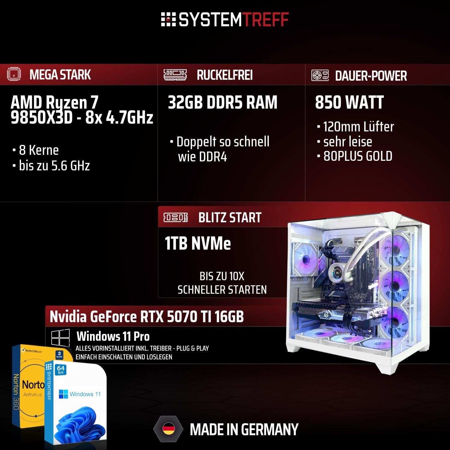 SYSTEMTREFF AMD Ryzen 7 9850X3D - 8x 4.7GHz mit Nvidia GeForce RTX 5070 TI 16GB Gaming-PC (AMD 9850X3D 9850X3D, Nvidia GeForce RTX 5070 Ti, 32 GB RAM, 1000 GB SSD, Wasserkühlung)