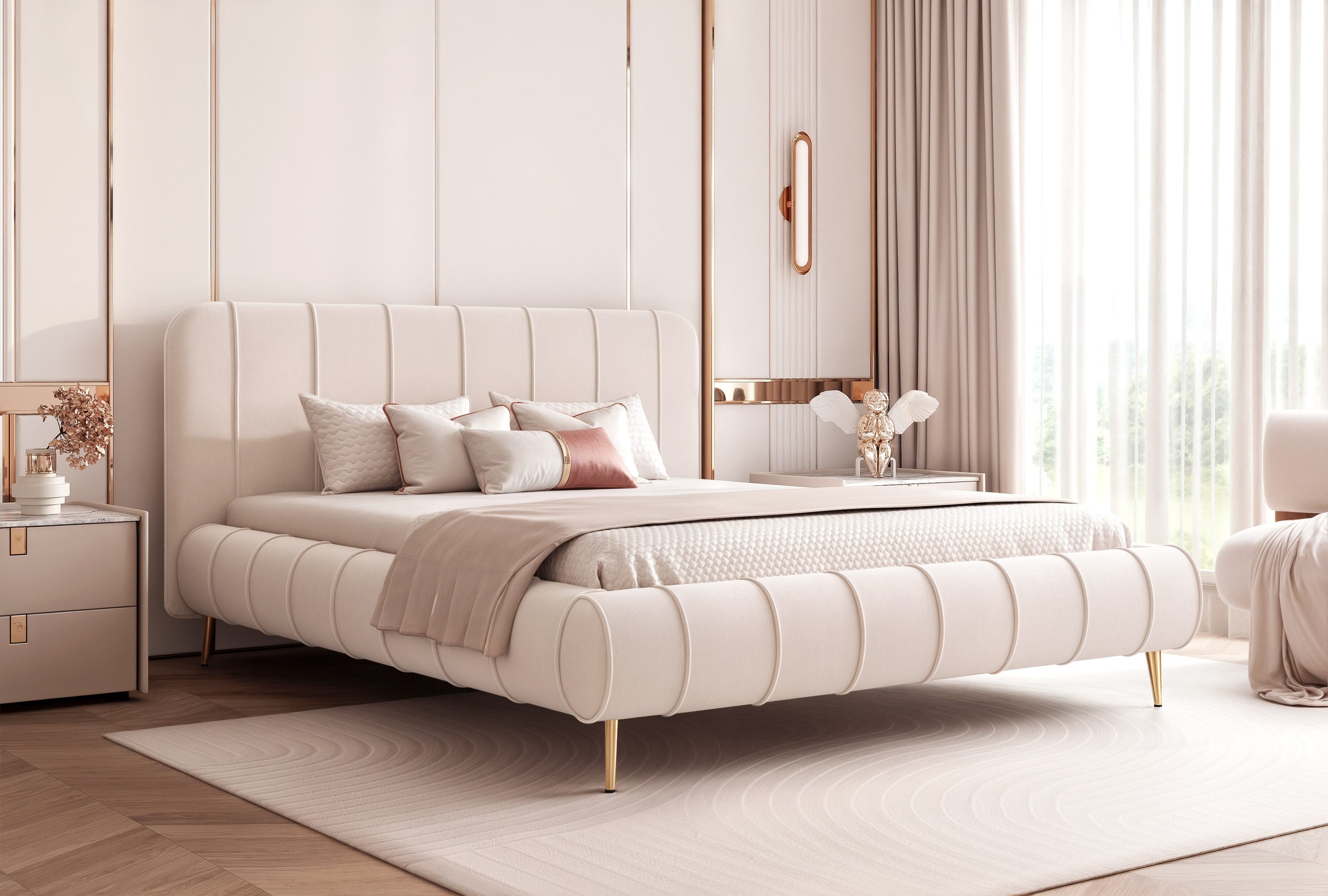Goldstoff Polsterbett Elegantes Stoffbett "FIRENZE" mit hohem Kopfteil und großem Bettkasten (120–200x200 cm, Kopfteilhöhe 70/100 cm, Seitenhöhe: 25/40 cm), Komfortables Stoffbett mit Stauraum und verstellbarem Kopfteil