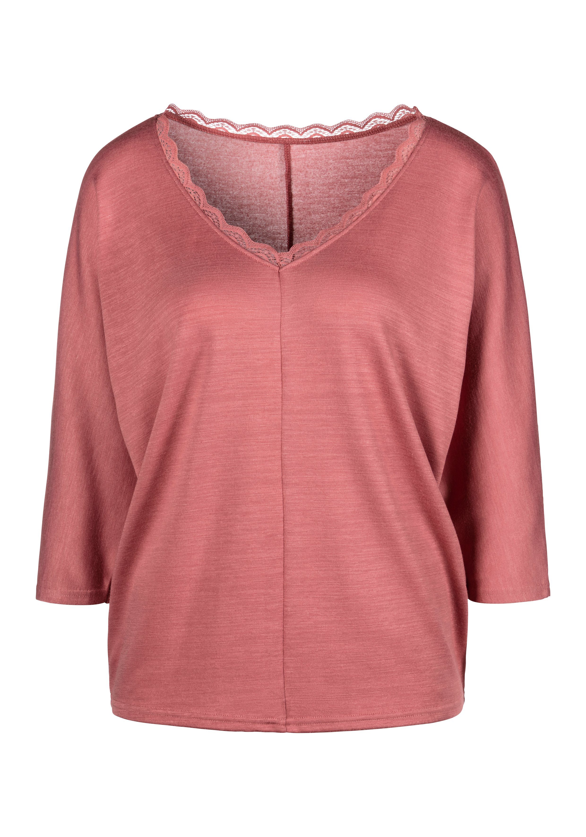 LASCANA 3/4-Arm-Shirt mit am zarter Spitze Ausschnitt rosé