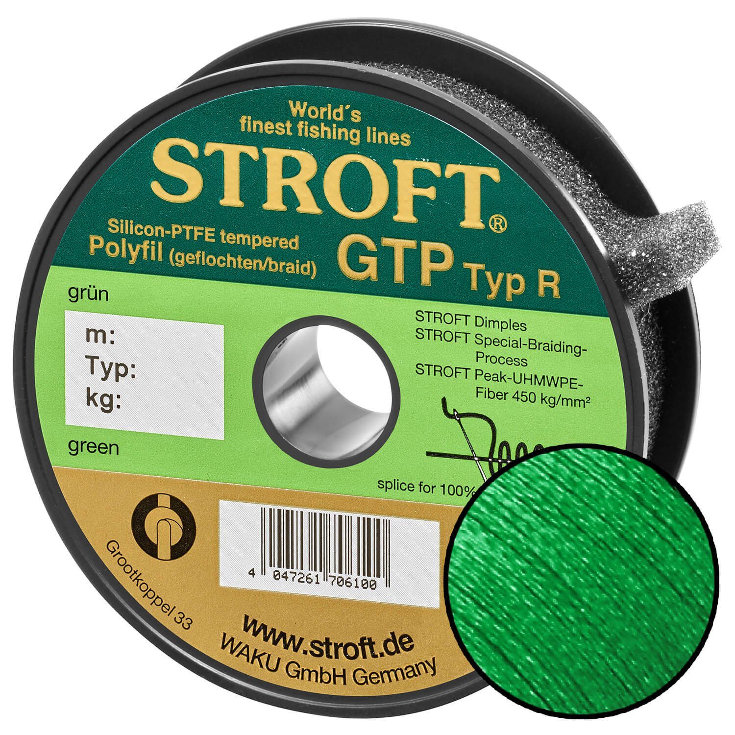 Stroft Angelschnur STROFT GTP Typ R Geflochtene Angelschnur 125m grün, 125 m Länge, 0.15 mm Fadendurchmesser, (1-St), 4.5kg Tragkraft
