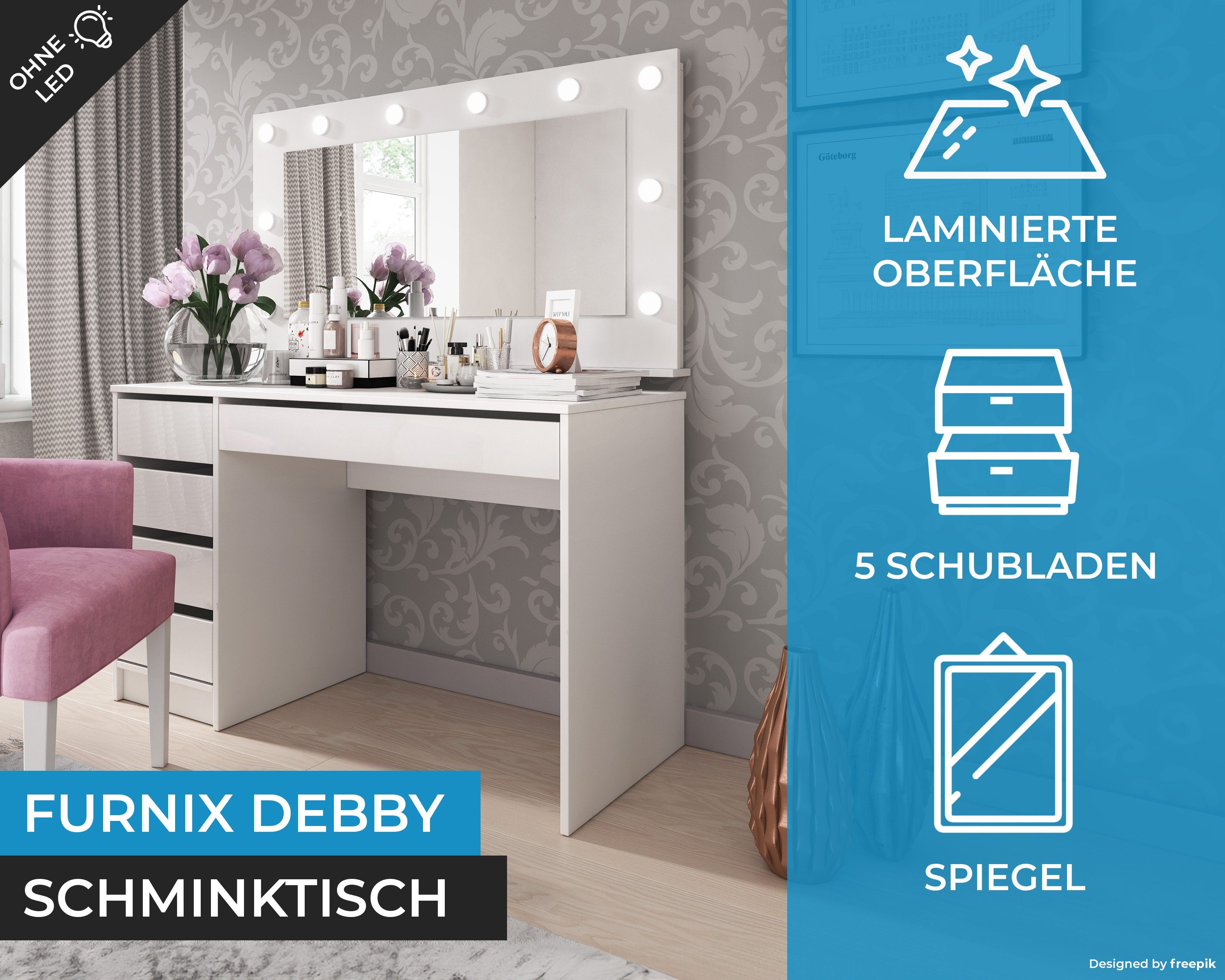Furnix Schminktisch DEBBY Spiegel pflegeleicht, made Ablagen in LED-Beleuchtung, H75 B120 x EU Schublade cm, Weiß x ohne T55 geräumig