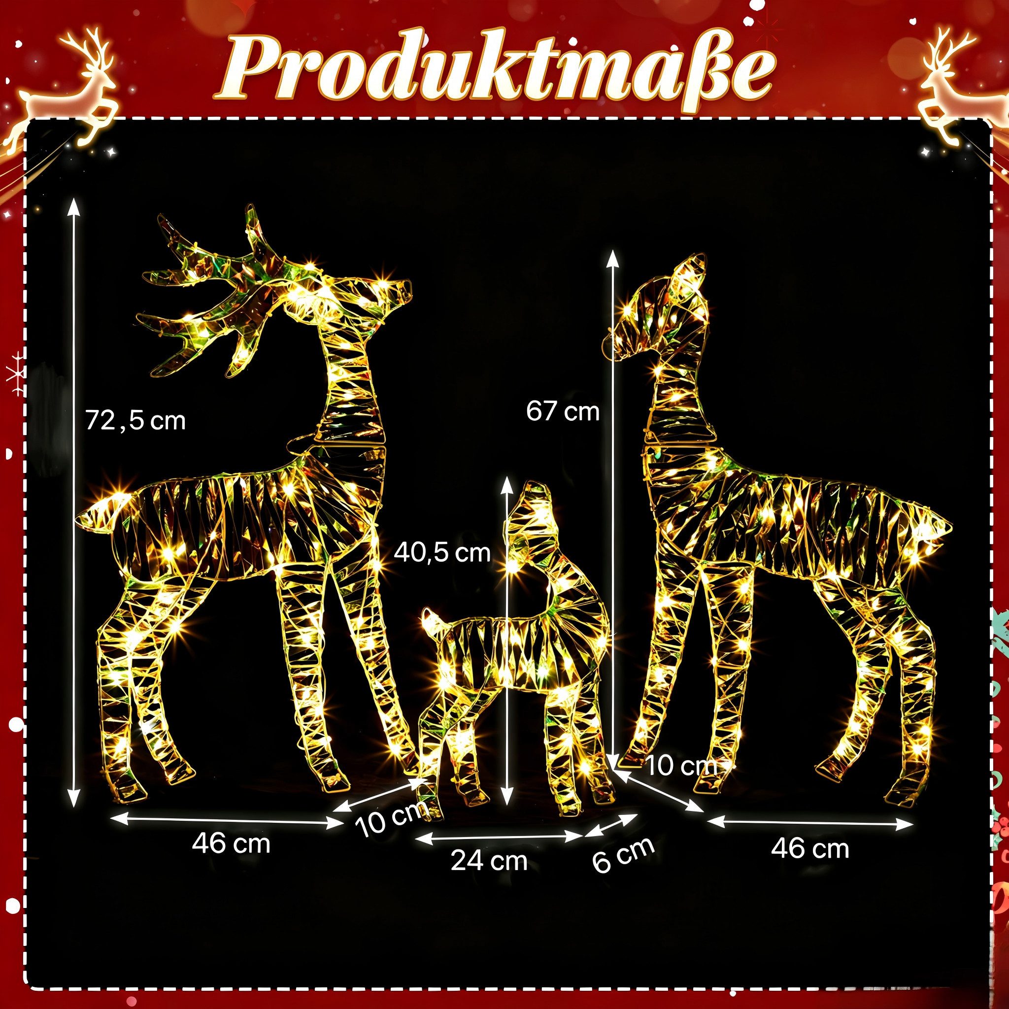 VINGLI LED-Dekofigur Leuchtendes Weihnachtsdeko, 3-teiliges Rentier-Familien-Set, Irideszent-Effekt, 2D Rentier Set, 110 Warmweißen LEDs, 70 cm – Bild 2 von 5
