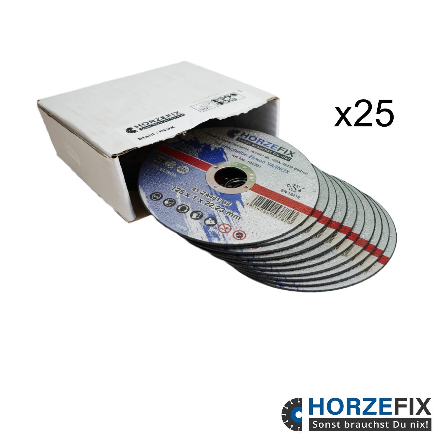 HORZEFIX Trennscheiben Trennscheibe 125 Metall 1mm dünn Flex VA/INOX 125 x 1,0 mm x 22,23 mm, Ø 125 mm, (Packung, 25-tlg., VPE = 25 Stück), Zirkonkorund/Inox
