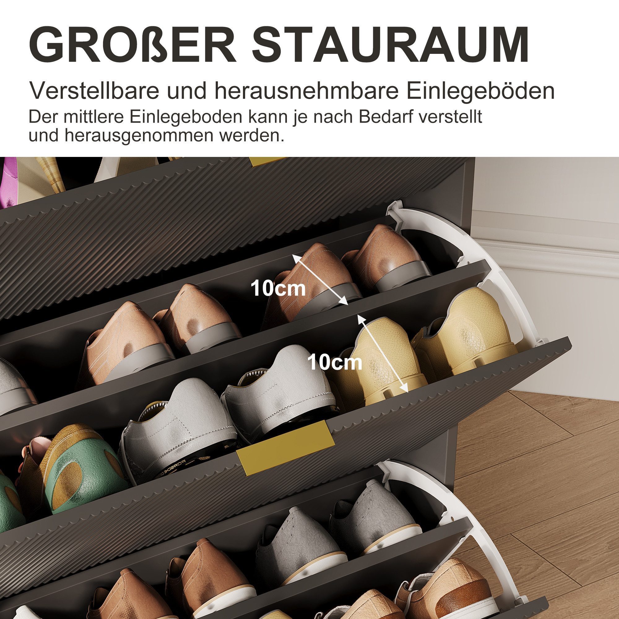 Furnishings Home Schuhschrank mit 3 Klappen 2 Schubladen Schuhregal Schukipper Kippsicherung (77x24x133 cm) Schuhkommode im Flur Diele,Trennwand verstellbar – Bild 5 von 5