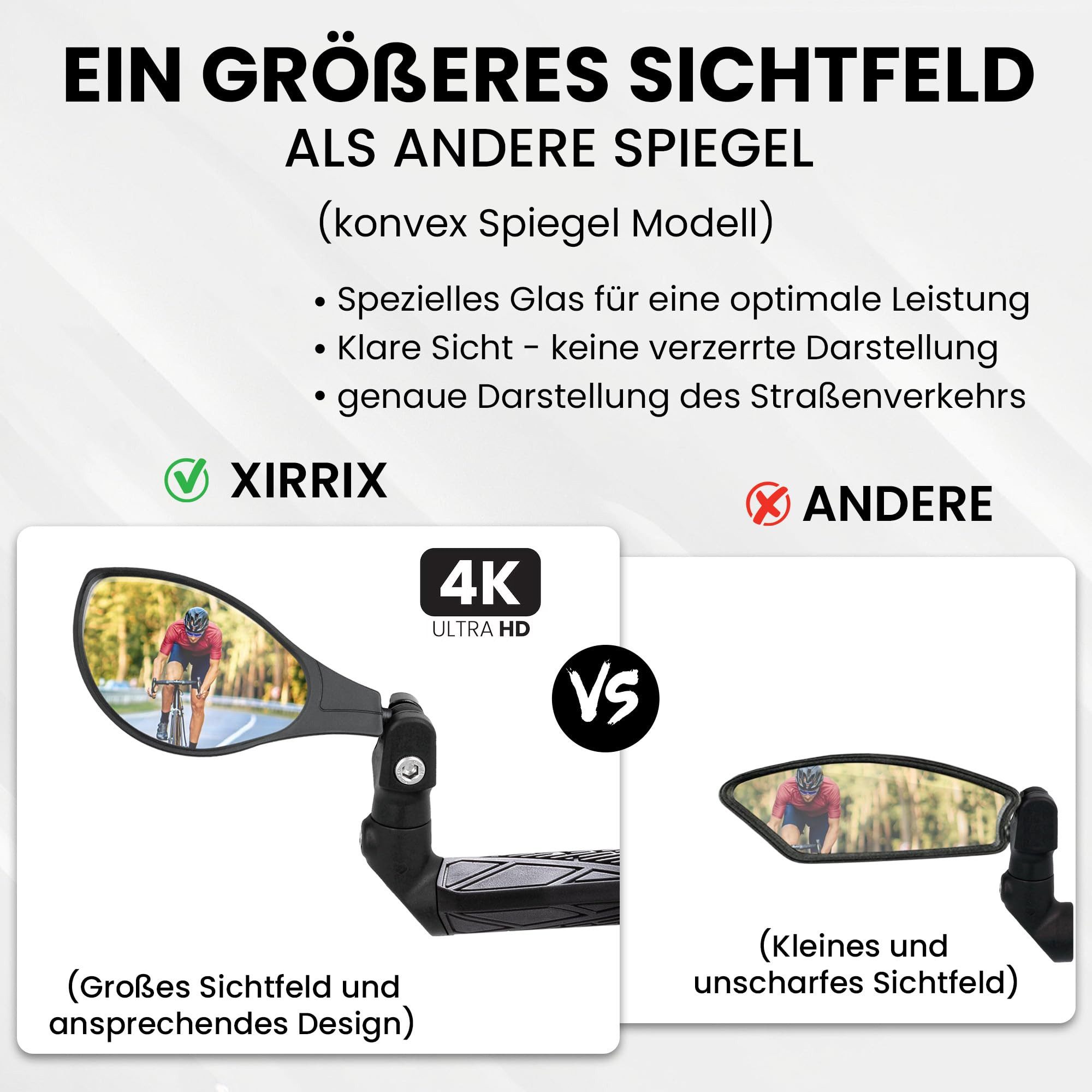 XiRRiX Fahrradspiegel, Fahrrad Spiegel, Rückspiegel für Fahrrad E-Bike, eBike Zubehör, Schlagfestes Glas - für Lenker links